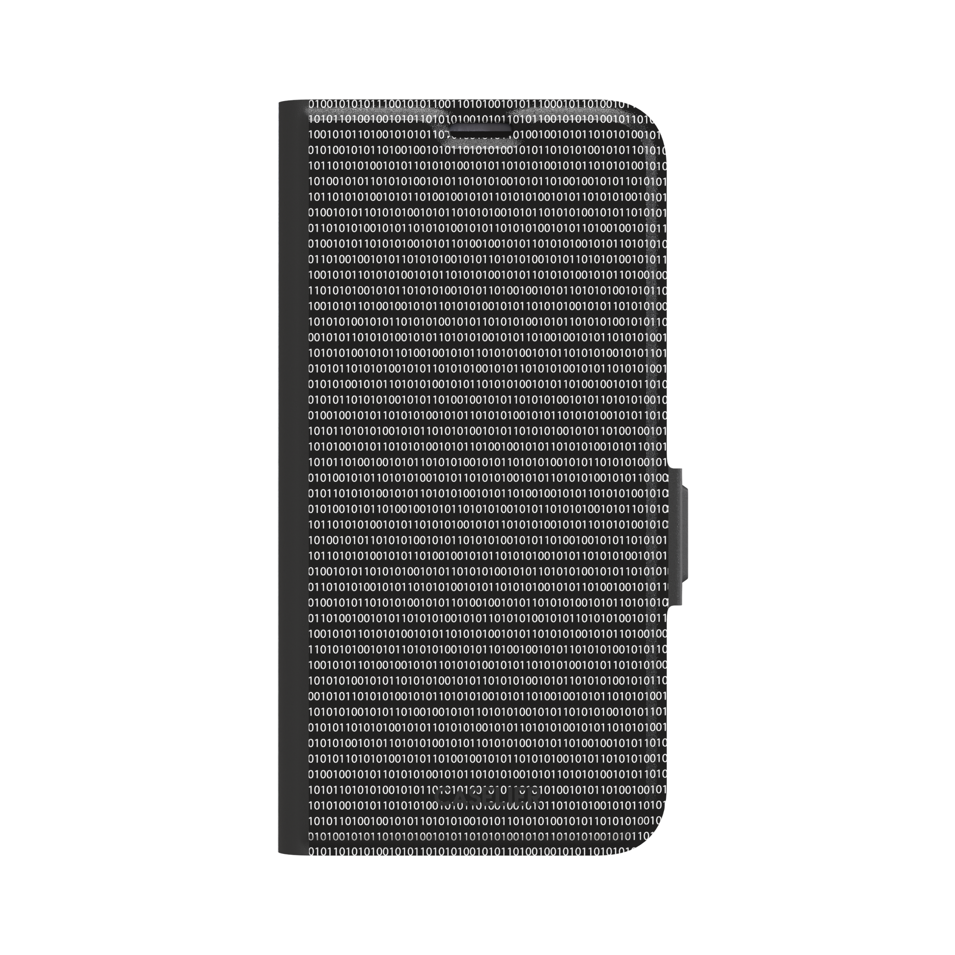 Black phone case covered in dense rows of white binary code digits on a dark background, phone case by Caselier — wallet case, front view