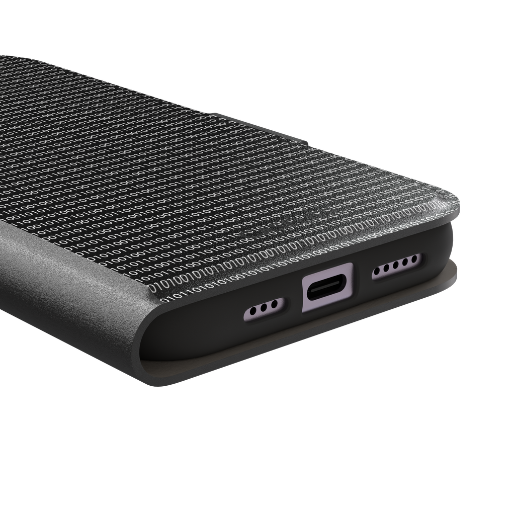 Black phone case covered in dense rows of white binary code digits on a dark background, phone case by Caselier — wallet case, charging port detail