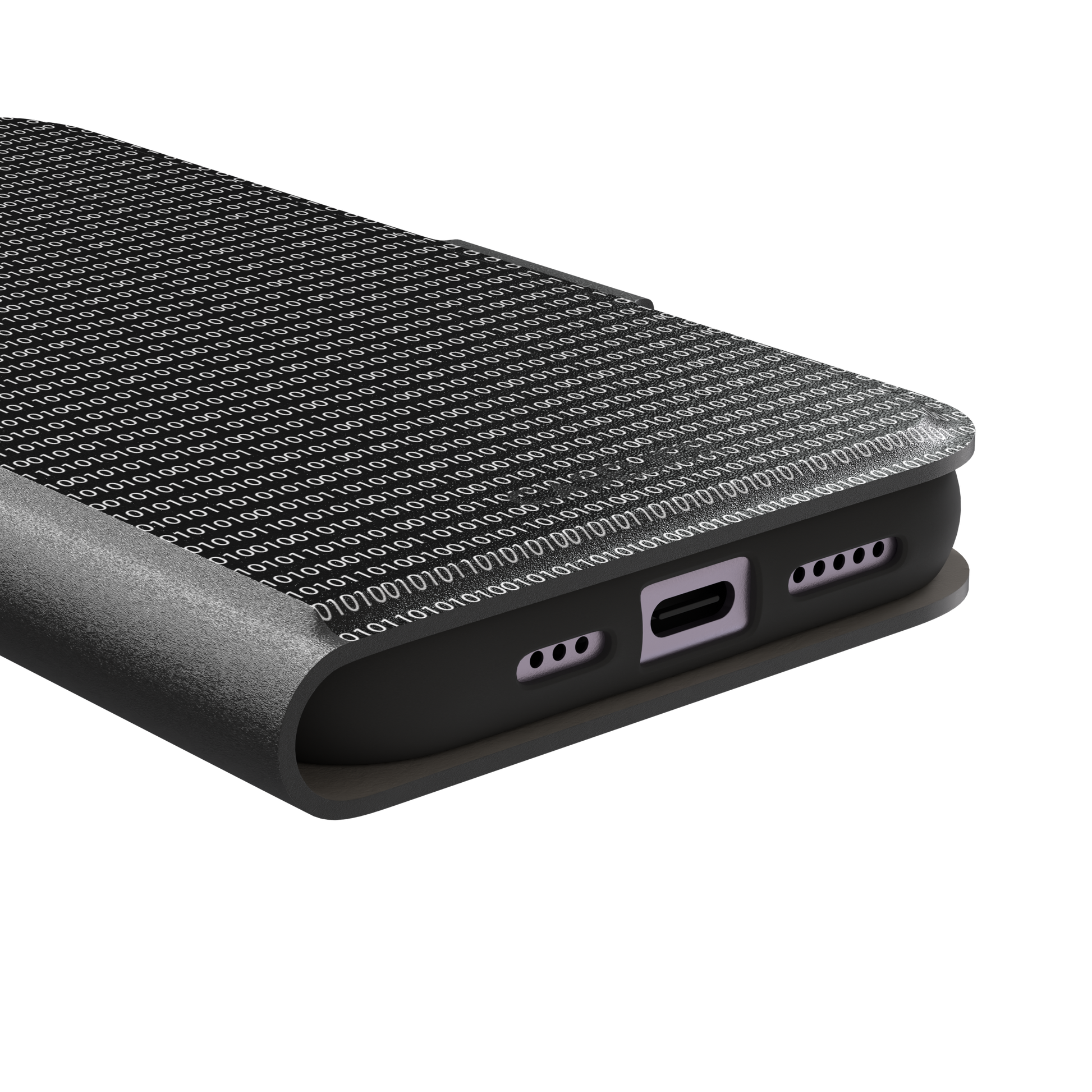 Black phone case covered in dense rows of white binary code digits on a dark background, phone case by Caselier — wallet case, charging port detail