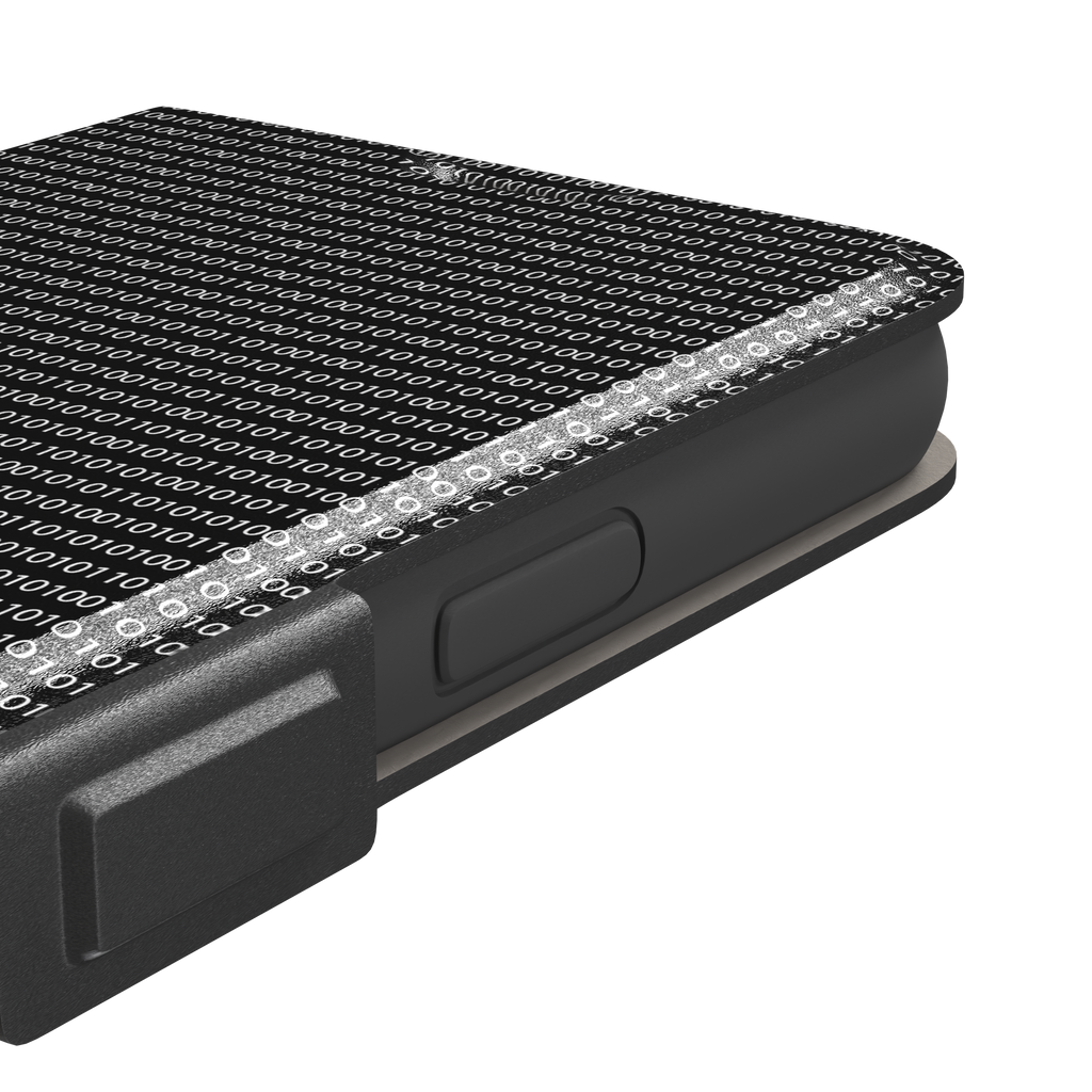 Black phone case covered in dense rows of white binary code digits on a dark background, phone case by Caselier — wallet case, volume buttons detail