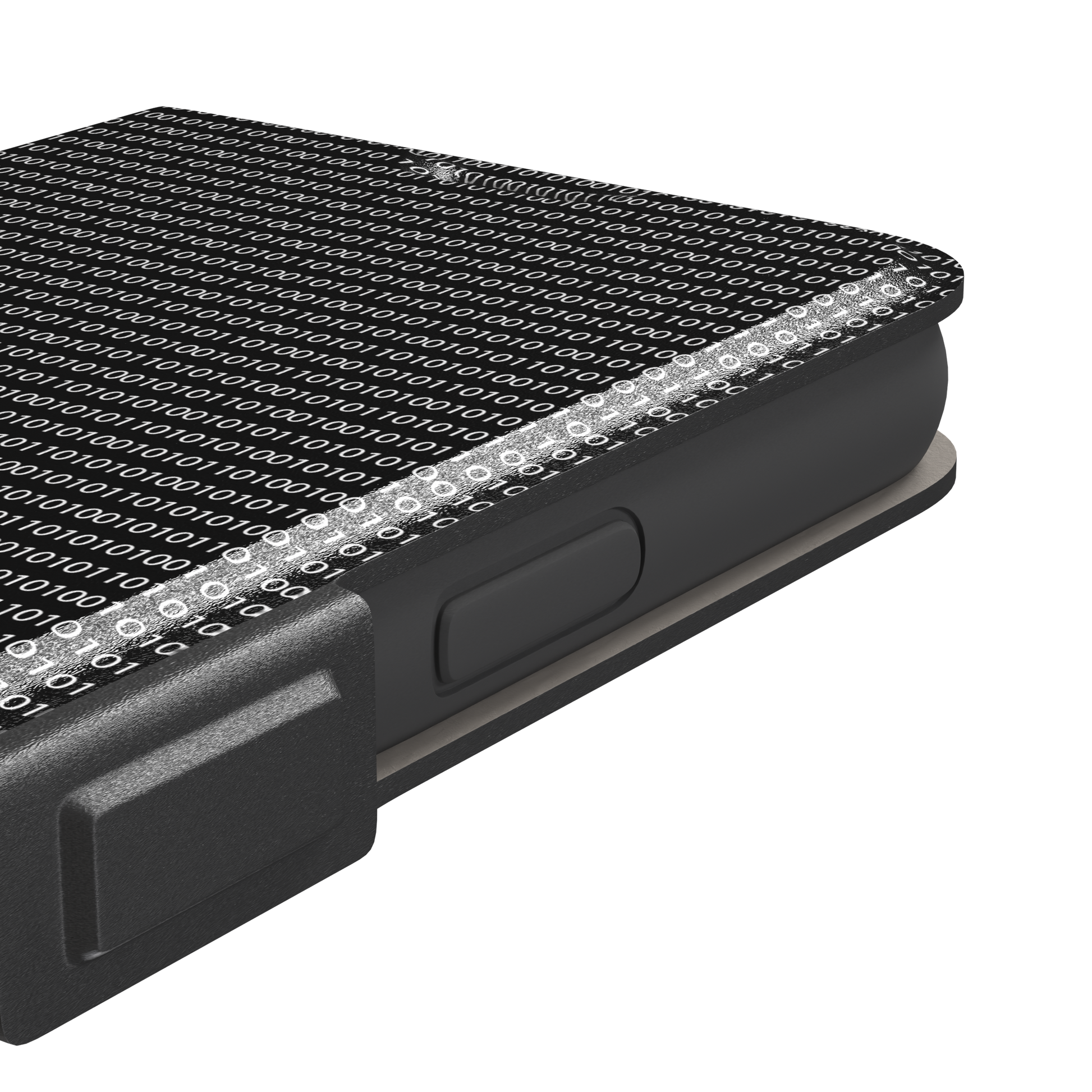 Black phone case covered in dense rows of white binary code digits on a dark background, phone case by Caselier — wallet case, volume buttons detail
