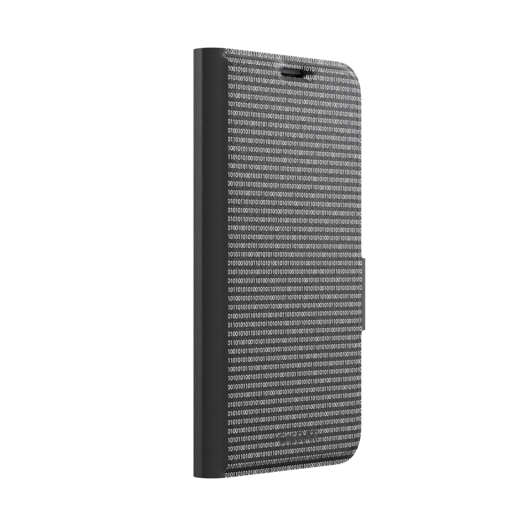 Black phone case covered in dense rows of white binary code digits on a dark background, phone case by Caselier — wallet case, left view