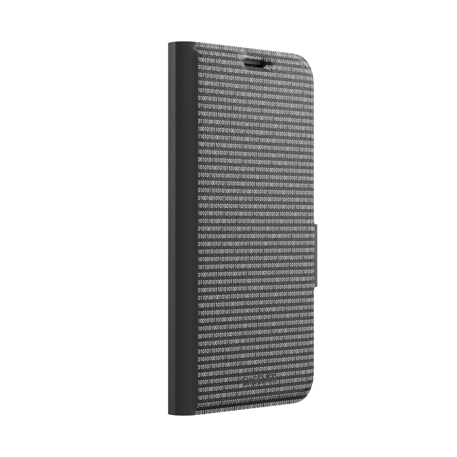 Black phone case covered in dense rows of white binary code digits on a dark background, phone case by Caselier — wallet case, left view