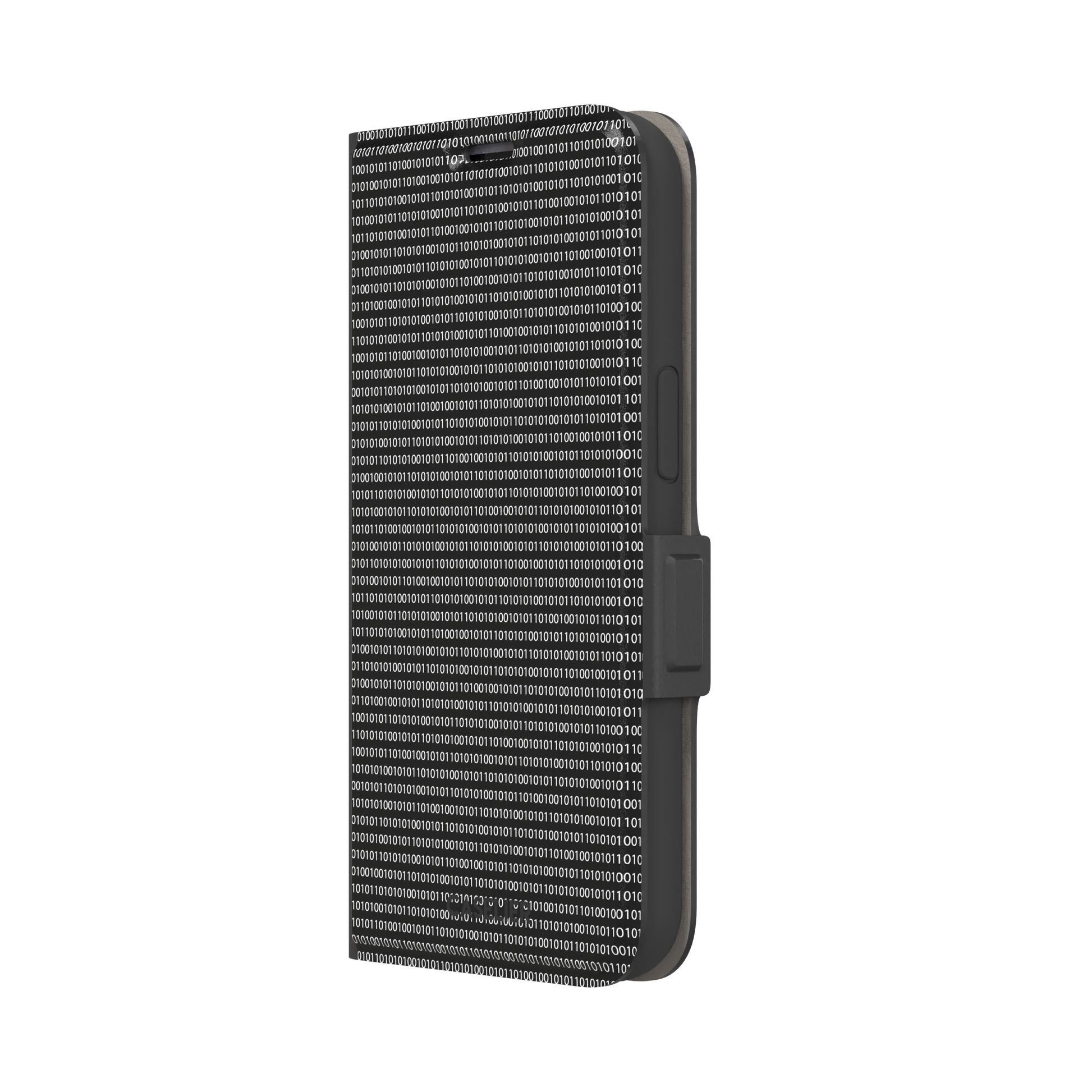 Black phone case covered in dense rows of white binary code digits on a dark background, phone case by Caselier — wallet case, right view