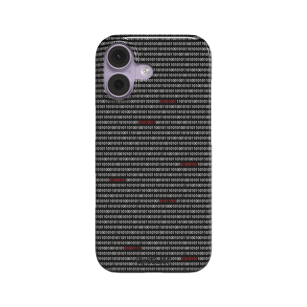 Black phone case covered in dense rows of white binary code with scattered red digits highlighting corrupted data sequences, phone case by Caselier — snap case, front view