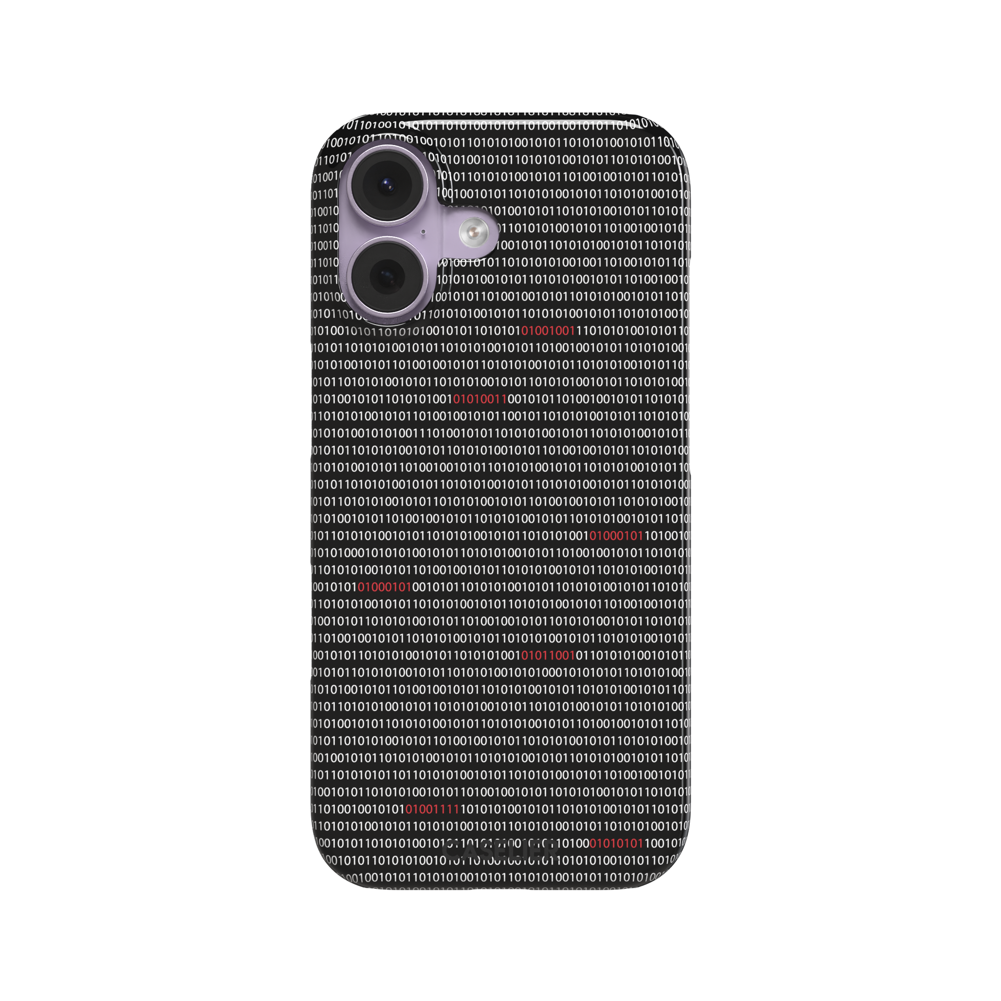 Black phone case covered in dense rows of white binary code with scattered red digits highlighting corrupted data sequences, phone case by Caselier — snap case, front view