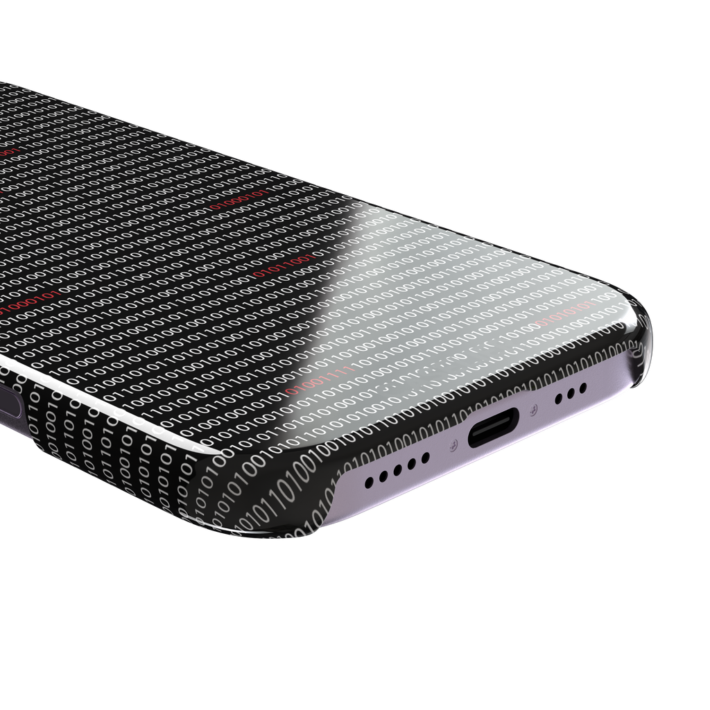 Black phone case covered in dense rows of white binary code with scattered red digits highlighting corrupted data sequences, phone case by Caselier — snap case, charging port detail