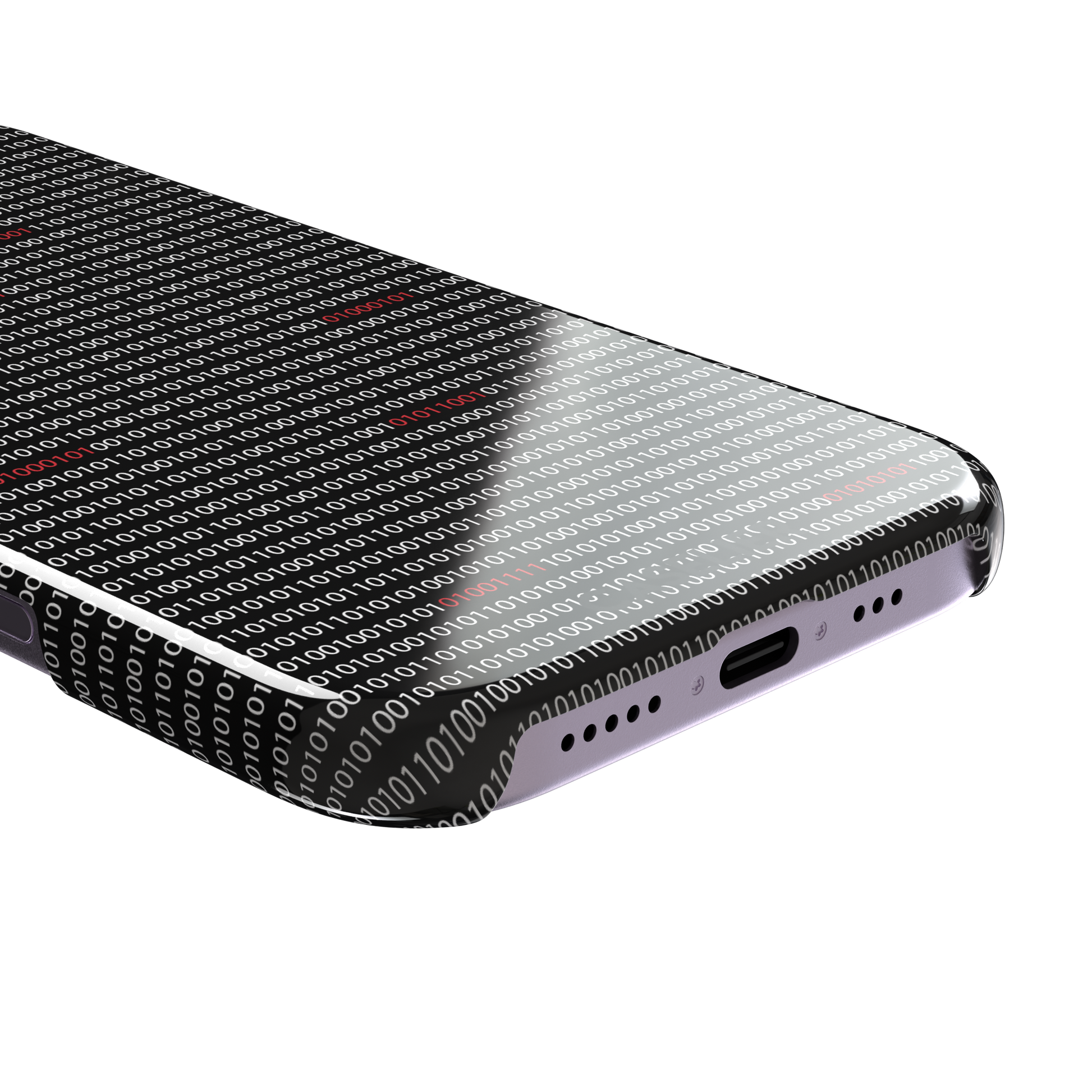 Black phone case covered in dense rows of white binary code with scattered red digits highlighting corrupted data sequences, phone case by Caselier — snap case, charging port detail
