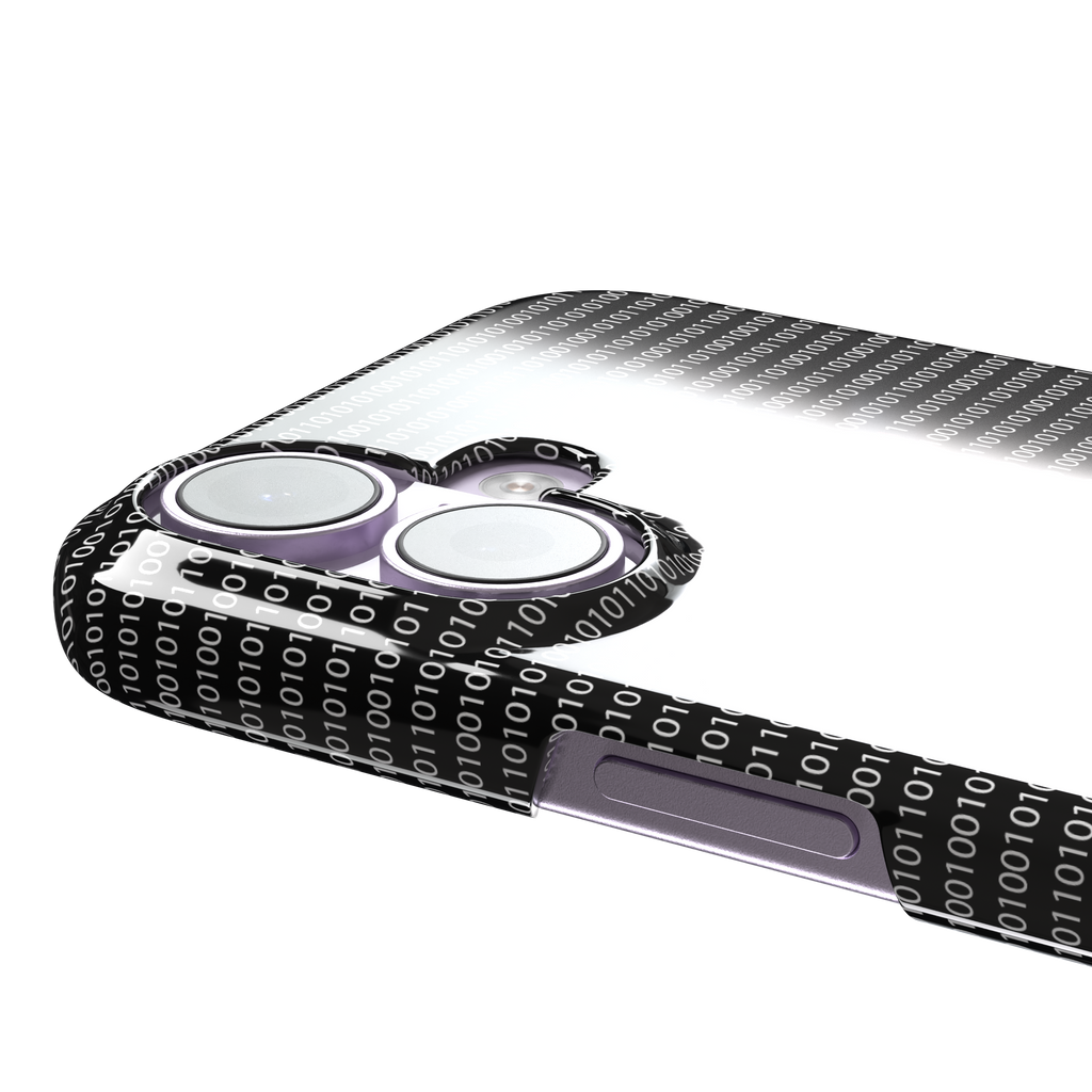 Black phone case covered in dense rows of white binary code with scattered red digits highlighting corrupted data sequences, phone case by Caselier — snap case, volume buttons detail