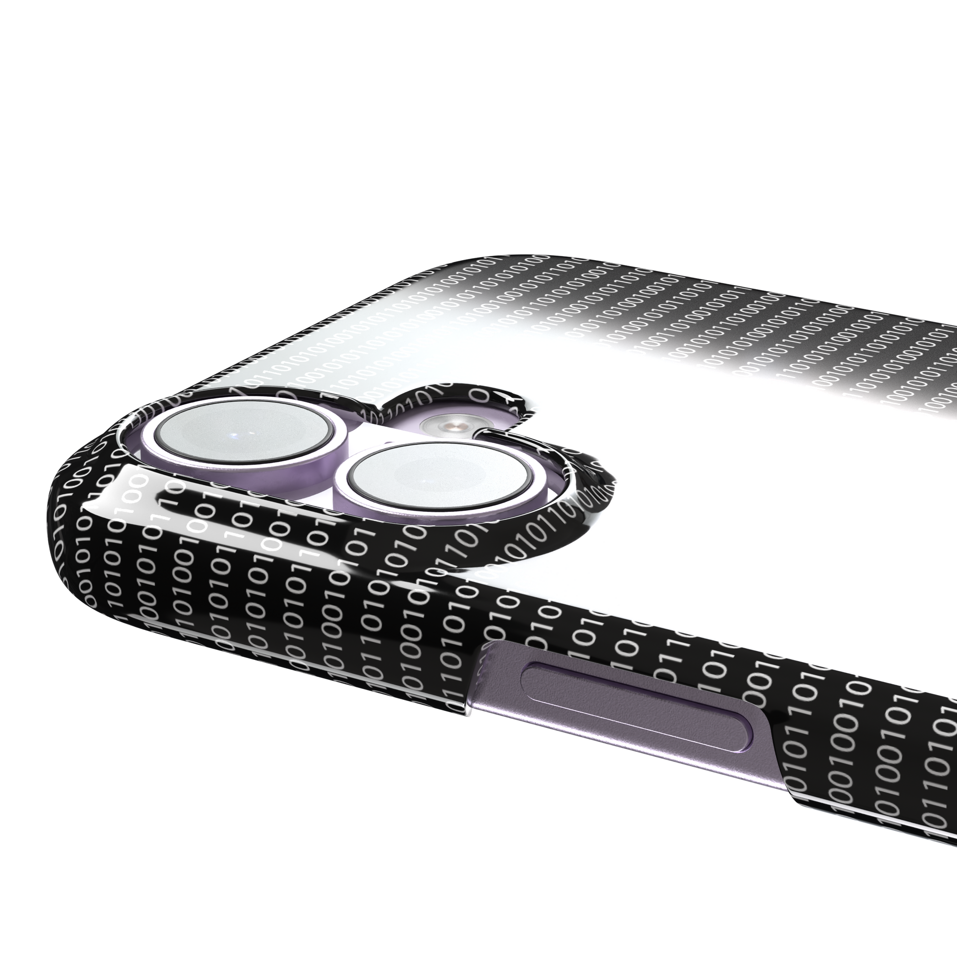 Black phone case covered in dense rows of white binary code with scattered red digits highlighting corrupted data sequences, phone case by Caselier — snap case, volume buttons detail