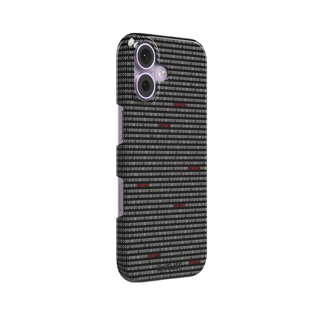 Black phone case covered in dense rows of white binary code with scattered red digits highlighting corrupted data sequences, phone case by Caselier — snap case, left view