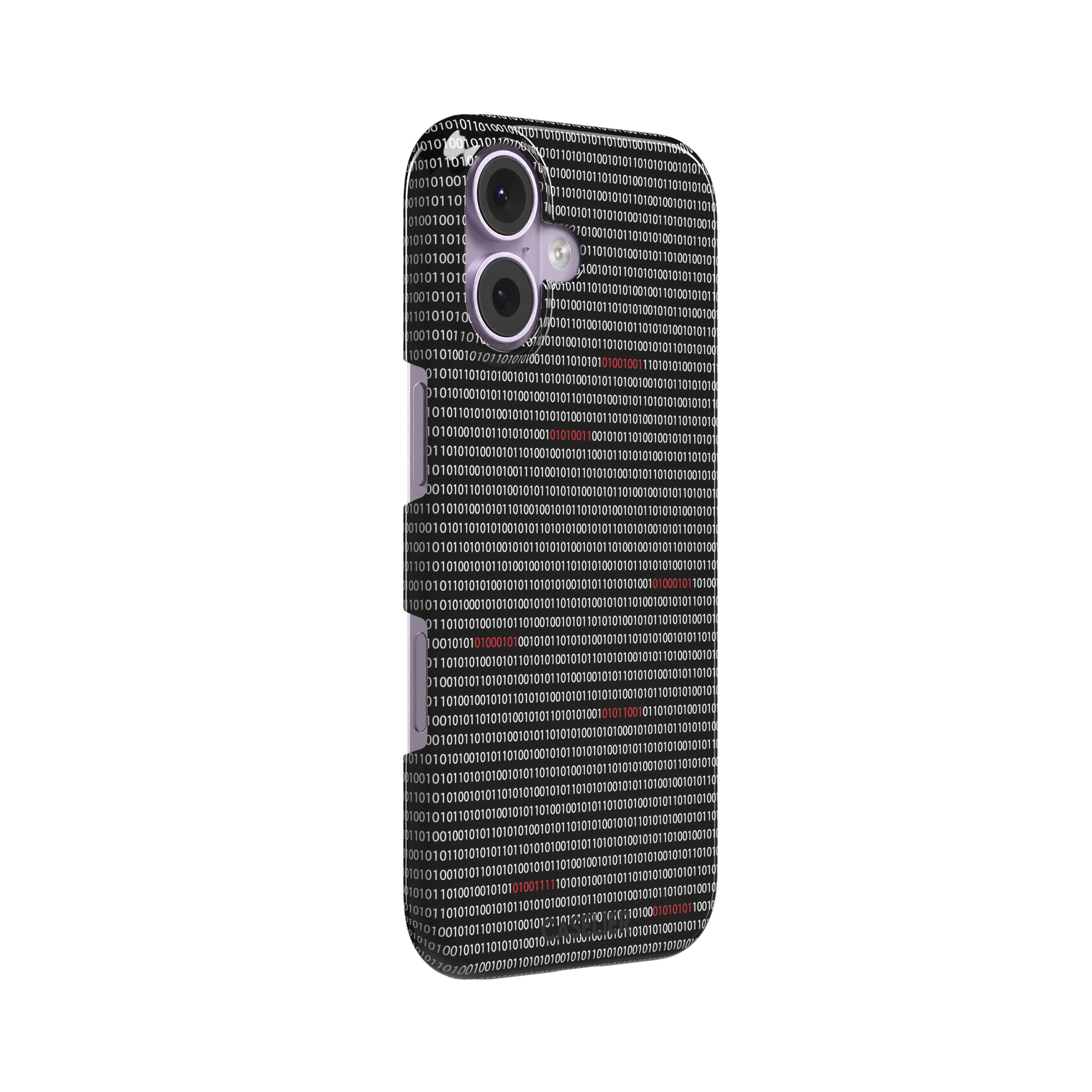 Black phone case covered in dense rows of white binary code with scattered red digits highlighting corrupted data sequences, phone case by Caselier — snap case, left view
