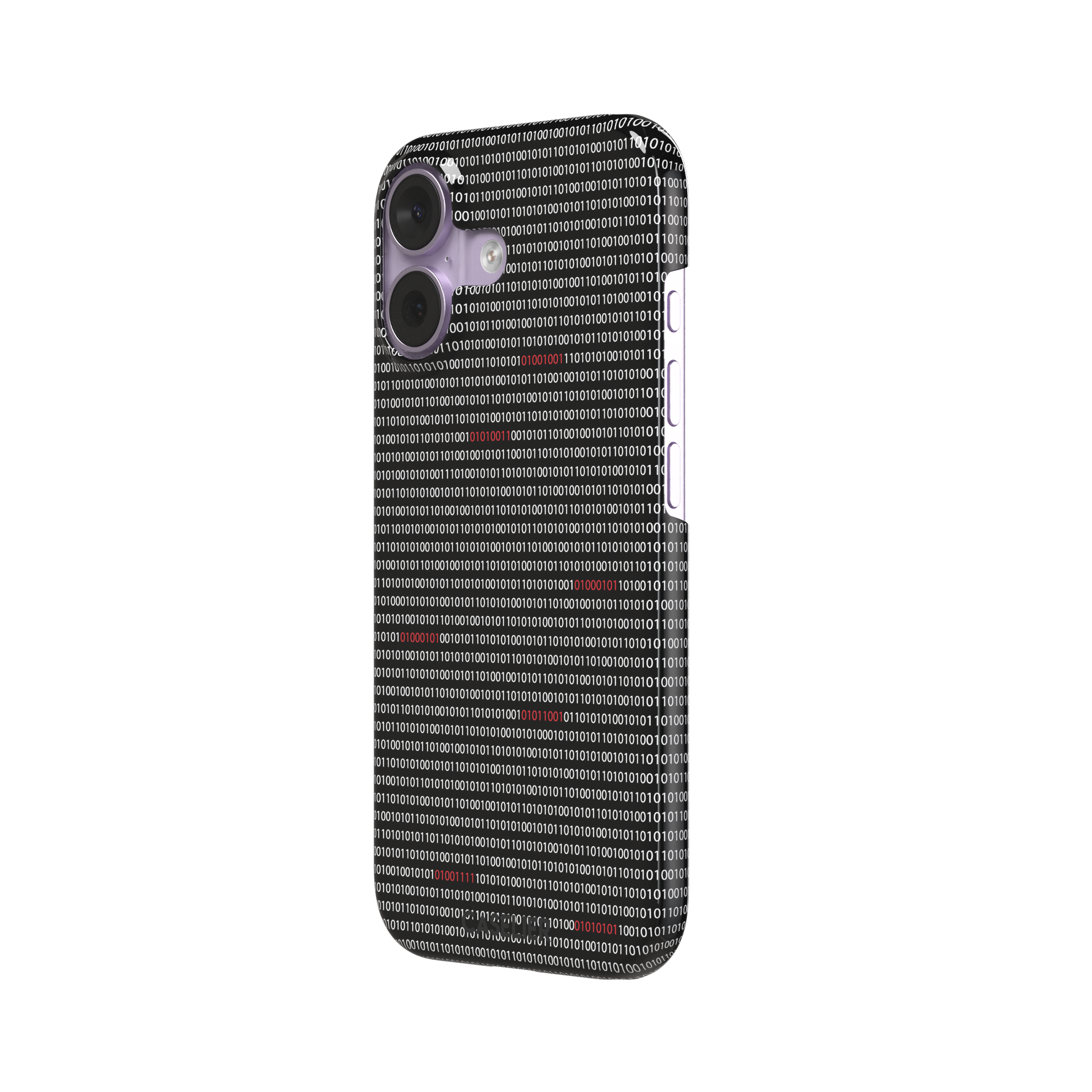 Black phone case covered in dense rows of white binary code with scattered red digits highlighting corrupted data sequences, phone case by Caselier — snap case, right view
