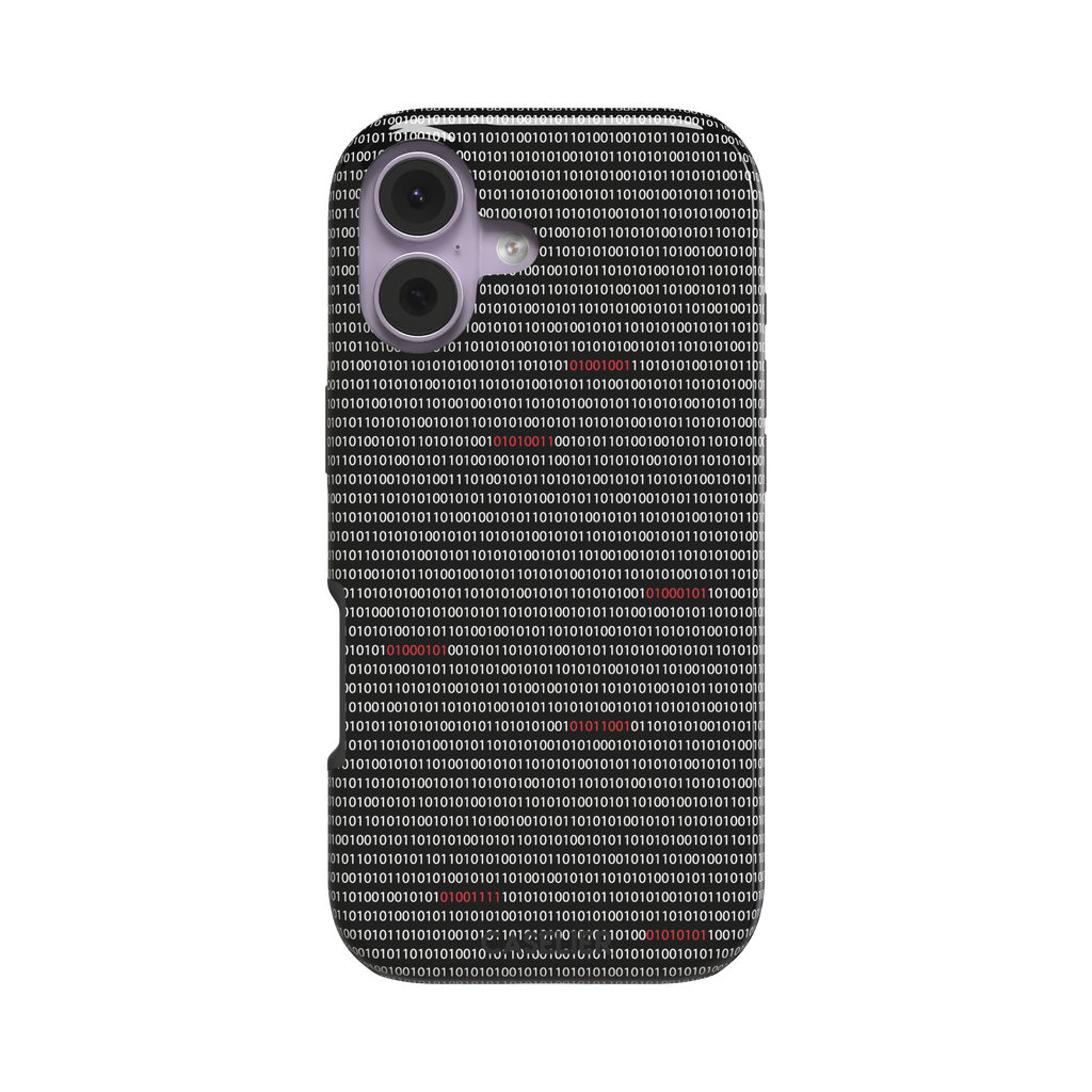 Black phone case covered in dense rows of white binary code with scattered red digits highlighting corrupted data sequences, phone case by Caselier — tough case, front view