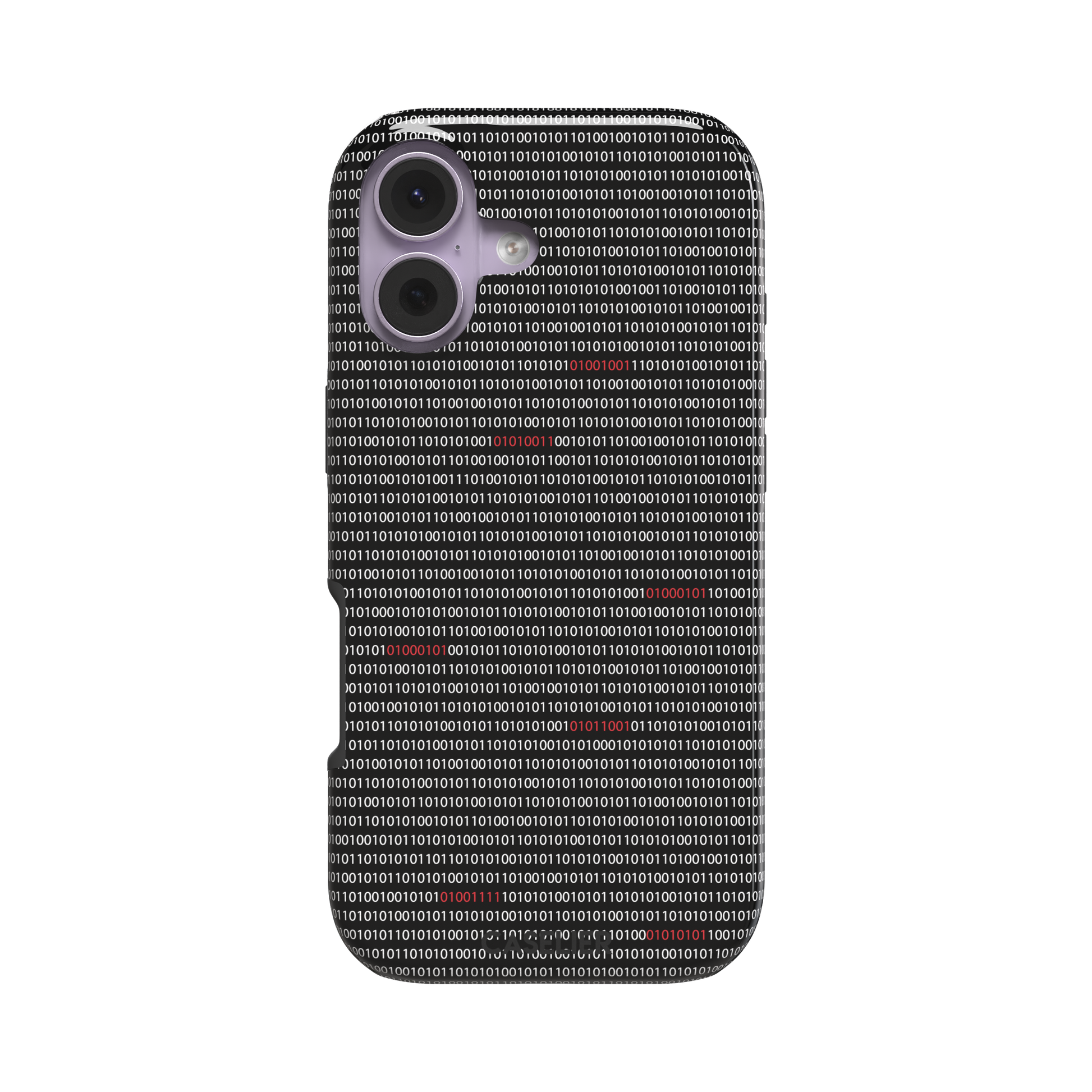 Black phone case covered in dense rows of white binary code with scattered red digits highlighting corrupted data sequences, phone case by Caselier — tough case, front view