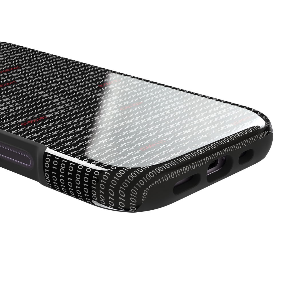 Black phone case covered in dense rows of white binary code with scattered red digits highlighting corrupted data sequences, phone case by Caselier — tough case, charging port detail