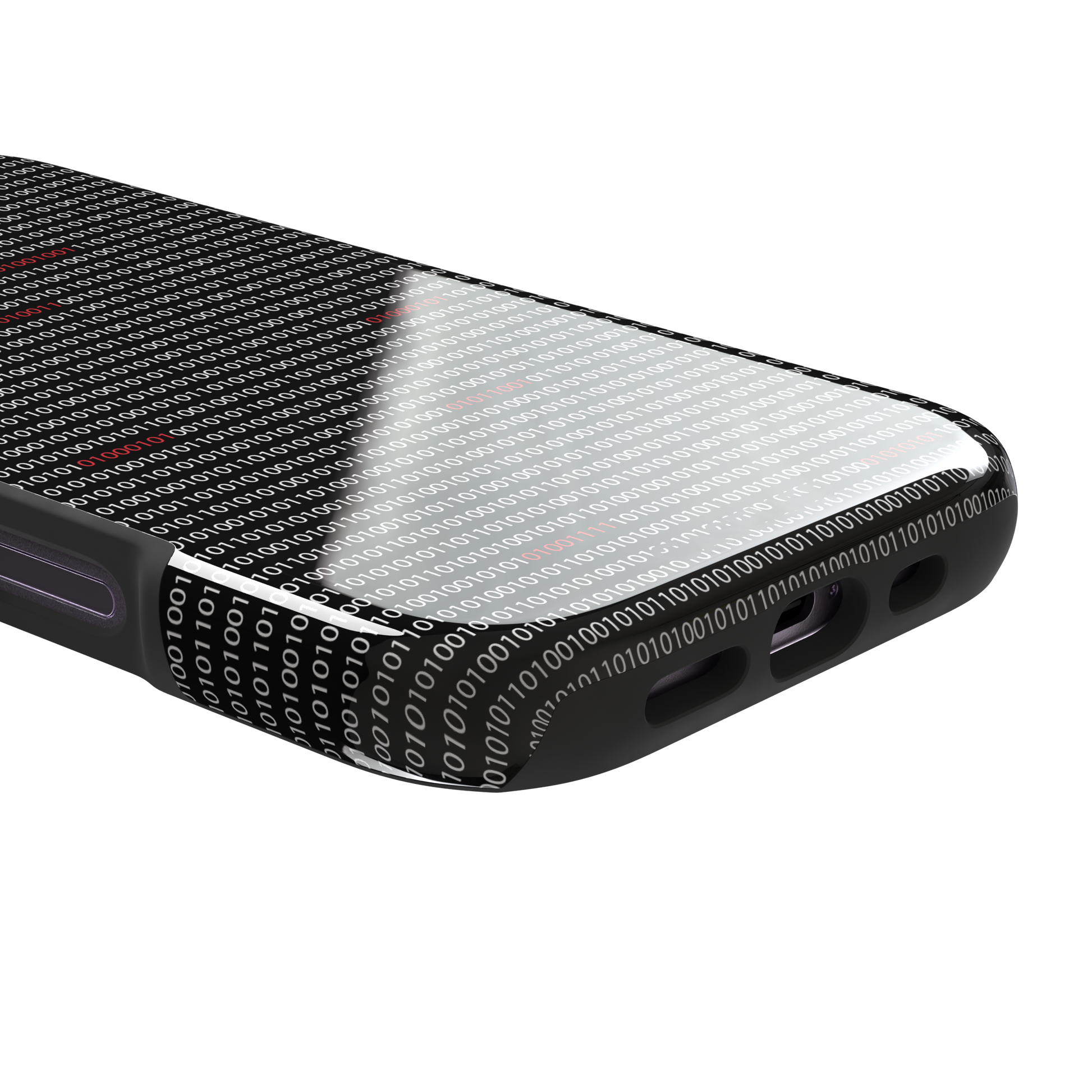 Black phone case covered in dense rows of white binary code with scattered red digits highlighting corrupted data sequences, phone case by Caselier — tough case, charging port detail
