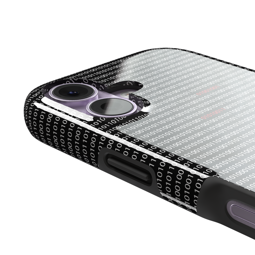 Black phone case covered in dense rows of white binary code with scattered red digits highlighting corrupted data sequences, phone case by Caselier — tough case, volume buttons detail