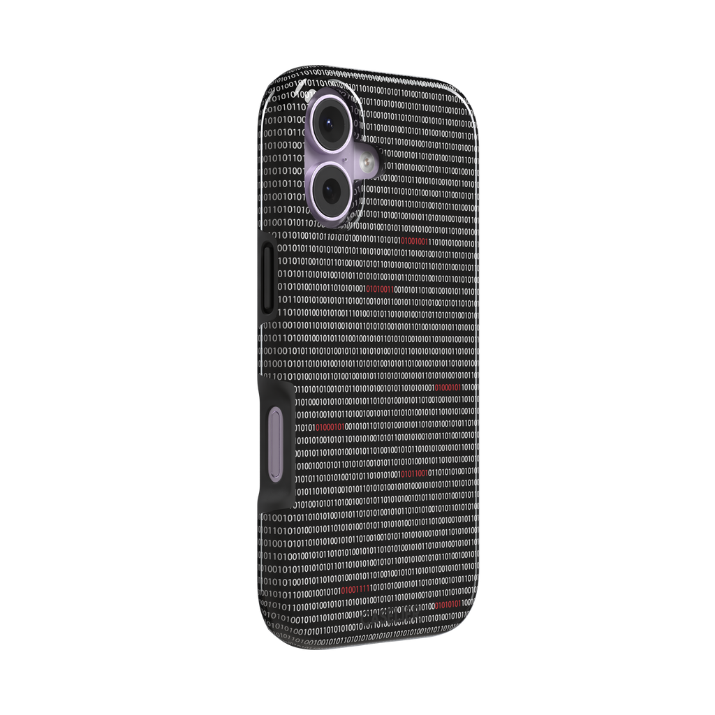 Black phone case covered in dense rows of white binary code with scattered red digits highlighting corrupted data sequences, phone case by Caselier — tough case, left view