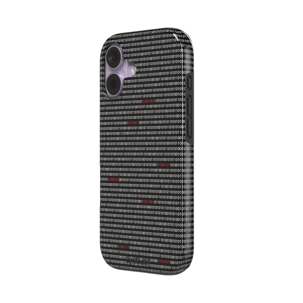 Black phone case covered in dense rows of white binary code with scattered red digits highlighting corrupted data sequences, phone case by Caselier — tough case, right view