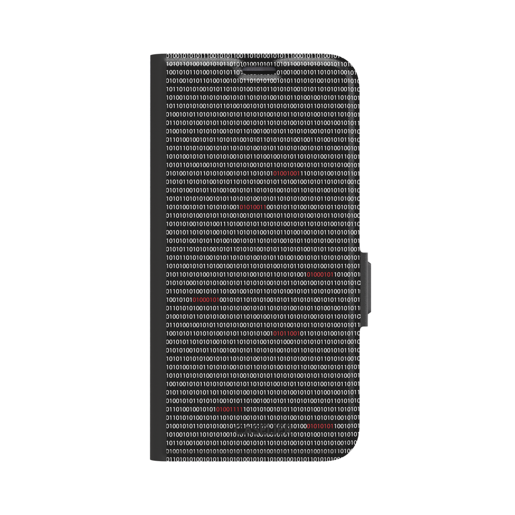Black phone case covered in dense rows of white binary code with scattered red digits highlighting corrupted data sequences, phone case by Caselier — wallet case, front view