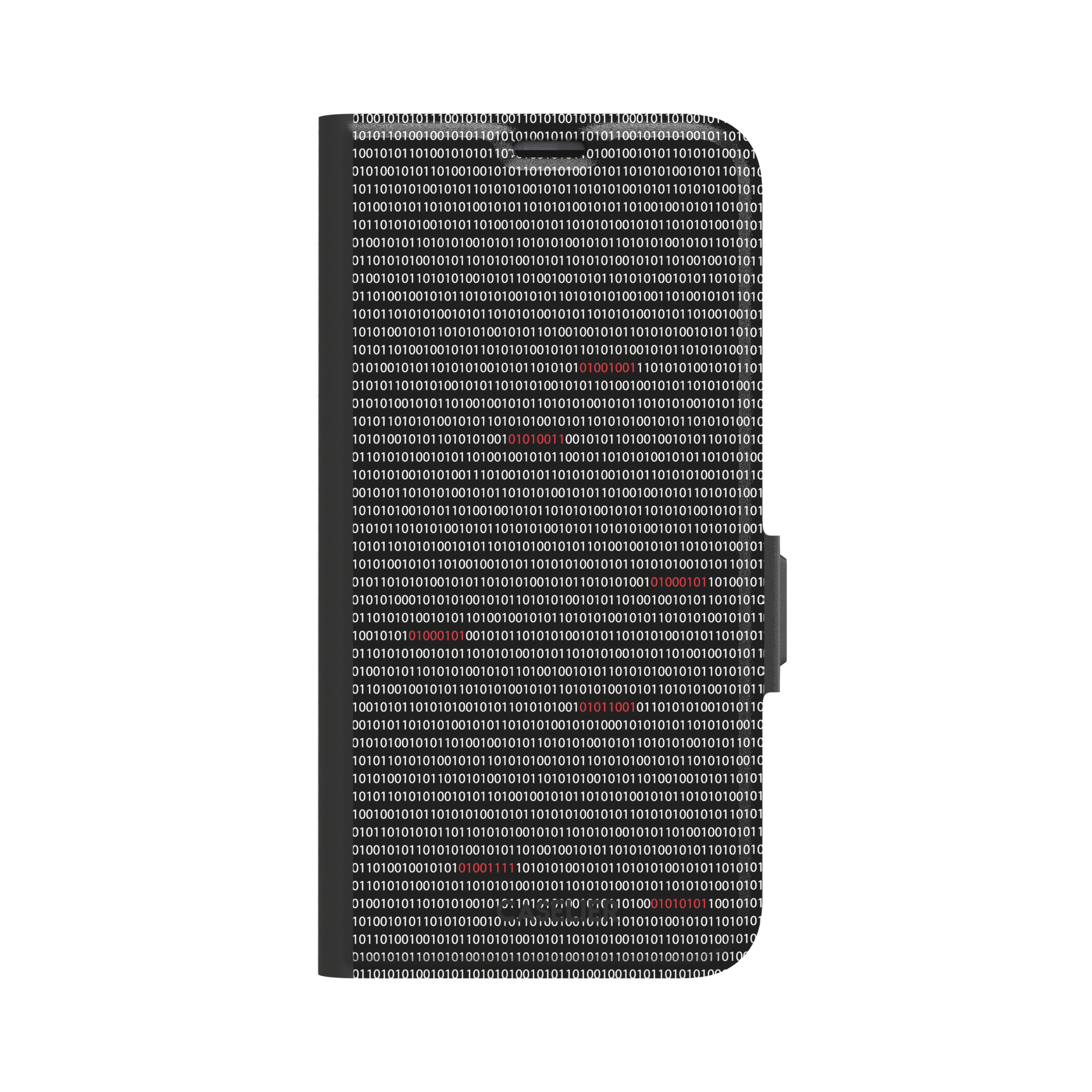 Black phone case covered in dense rows of white binary code with scattered red digits highlighting corrupted data sequences, phone case by Caselier — wallet case, front view