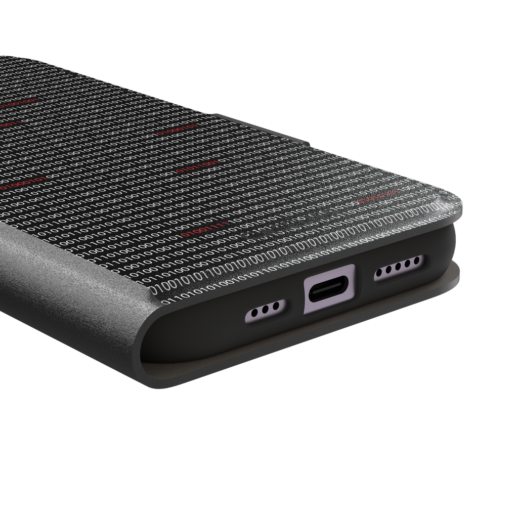 Black phone case covered in dense rows of white binary code with scattered red digits highlighting corrupted data sequences, phone case by Caselier — wallet case, charging port detail