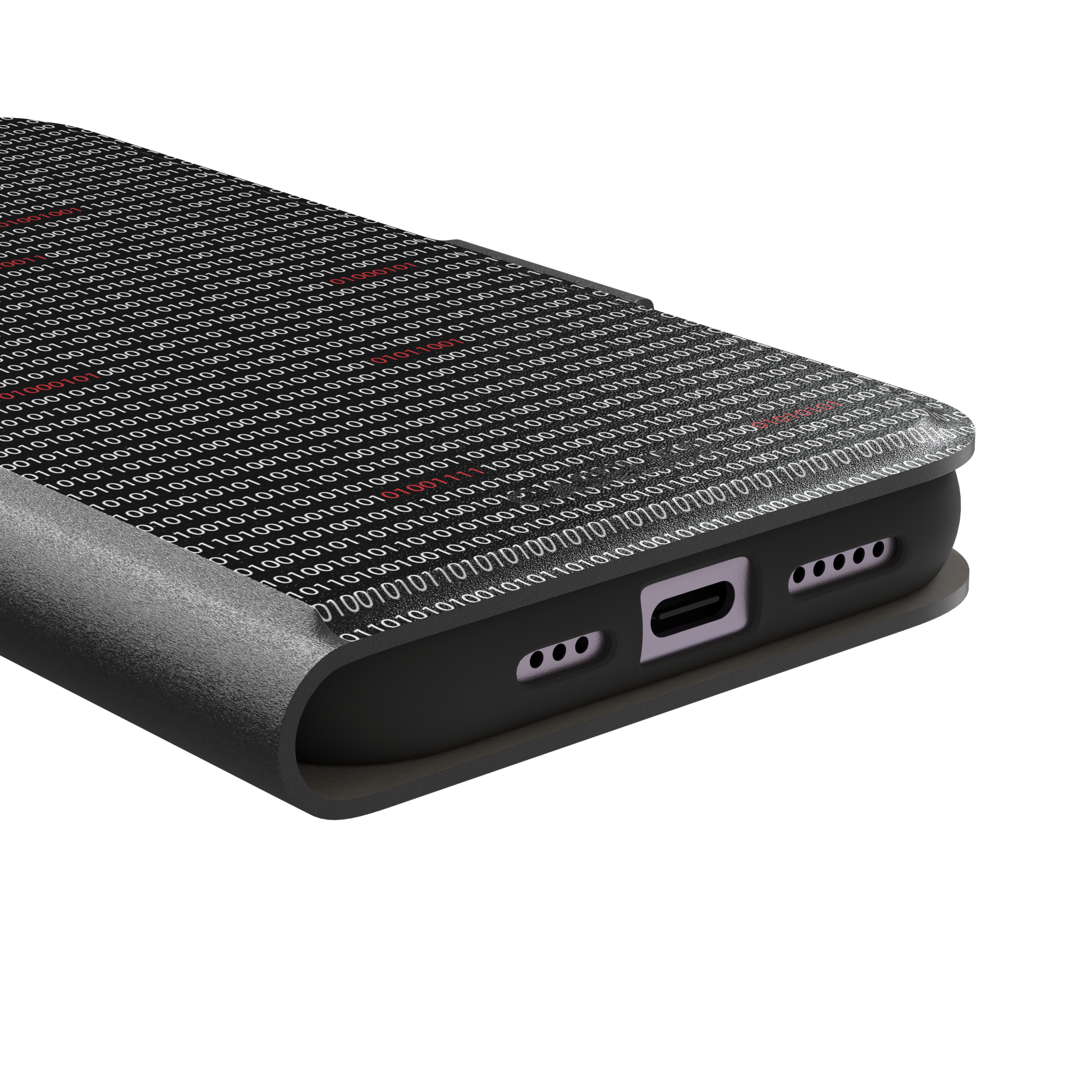 Black phone case covered in dense rows of white binary code with scattered red digits highlighting corrupted data sequences, phone case by Caselier — wallet case, charging port detail