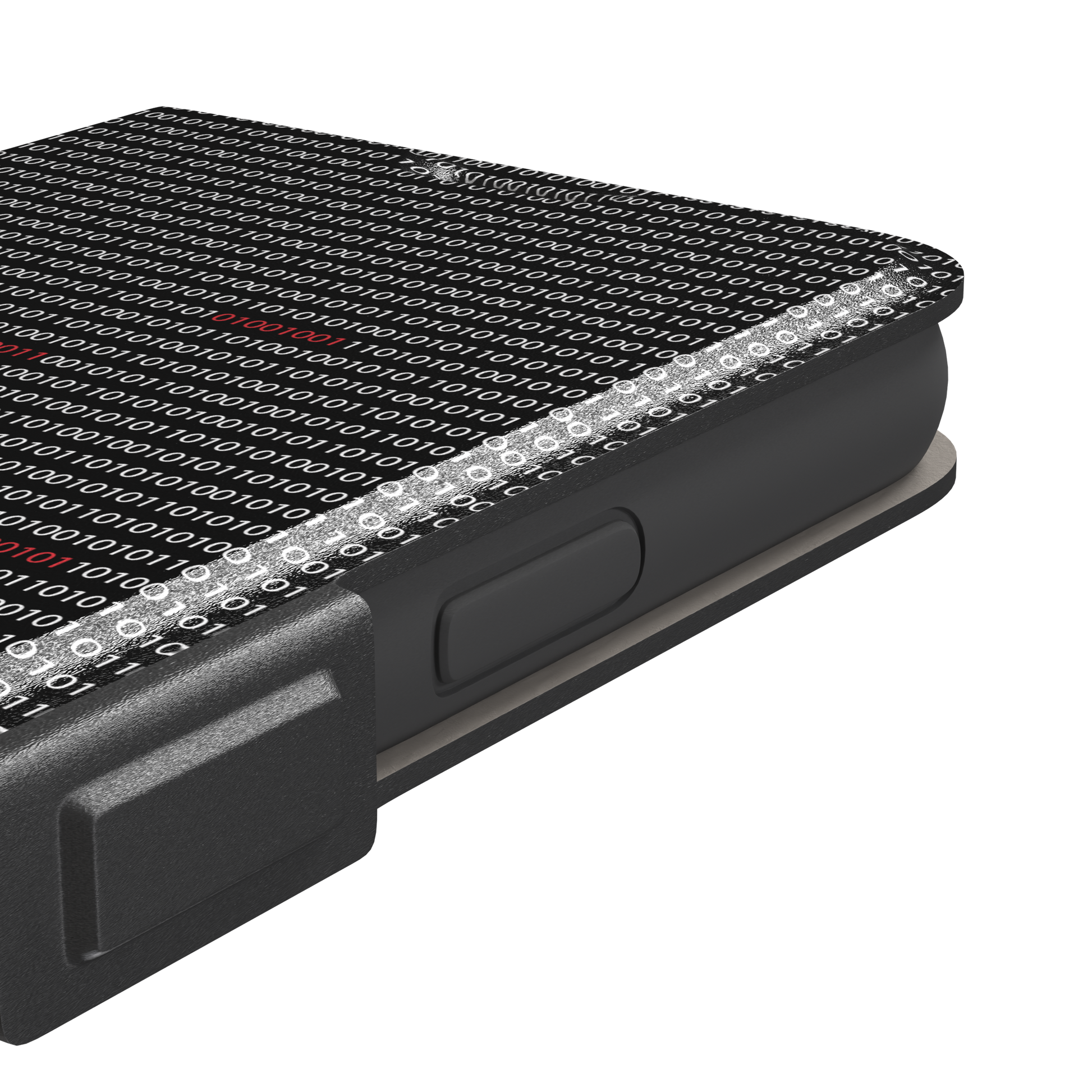 Black phone case covered in dense rows of white binary code with scattered red digits highlighting corrupted data sequences, phone case by Caselier — wallet case, volume buttons detail