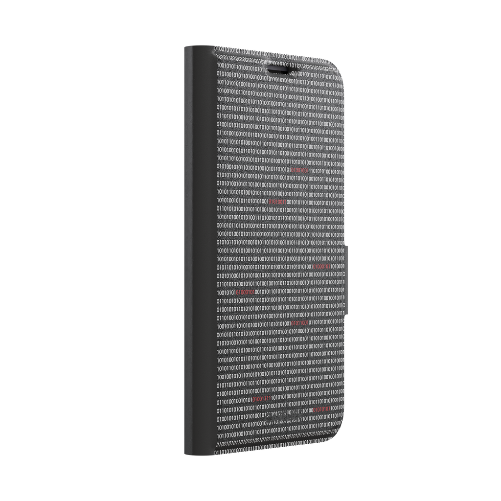 Black phone case covered in dense rows of white binary code with scattered red digits highlighting corrupted data sequences, phone case by Caselier — wallet case, left view