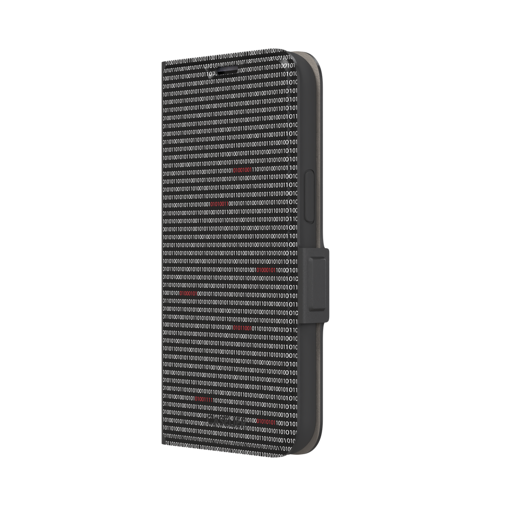 Black phone case covered in dense rows of white binary code with scattered red digits highlighting corrupted data sequences, phone case by Caselier — wallet case, right view