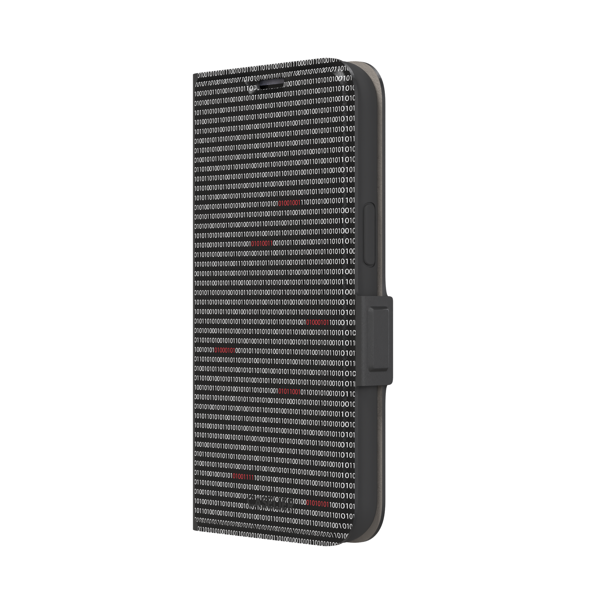 Black phone case covered in dense rows of white binary code with scattered red digits highlighting corrupted data sequences, phone case by Caselier — wallet case, right view