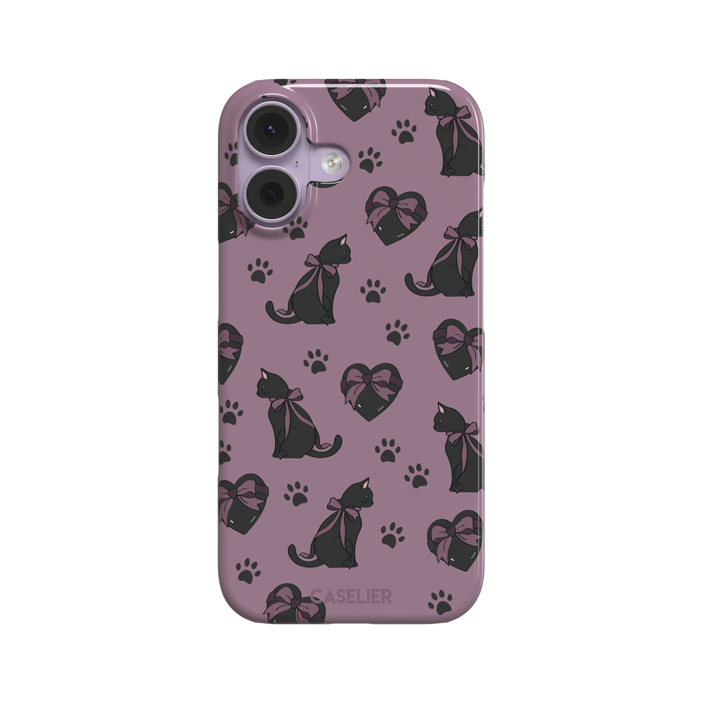 Black Cat coquette phone case in dusty mauve with black cat silhouettes in pink bows, heart gift boxes and paw prints — snap case, front view