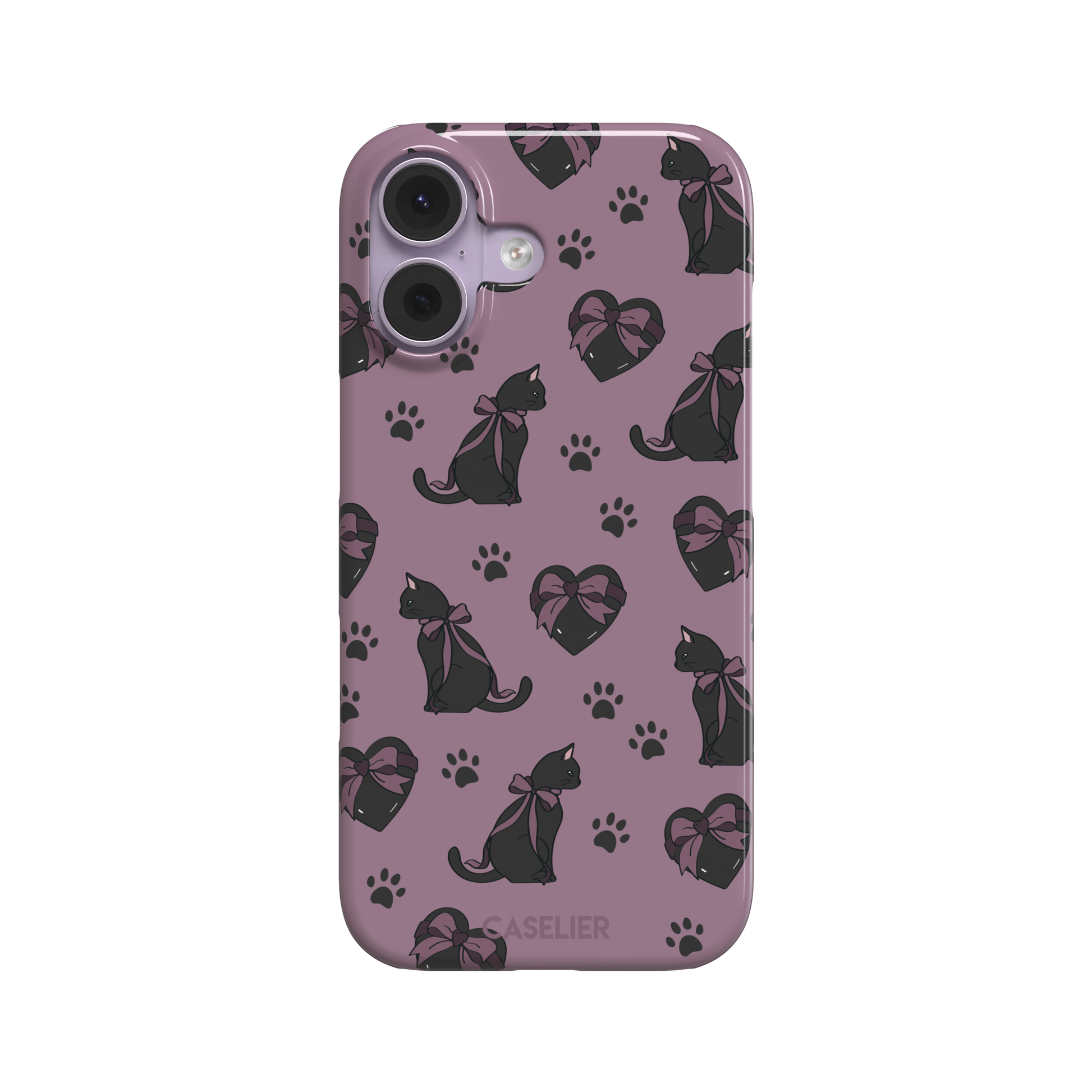 Black Cat coquette phone case in dusty mauve with black cat silhouettes in pink bows, heart gift boxes and paw prints — snap case, front view