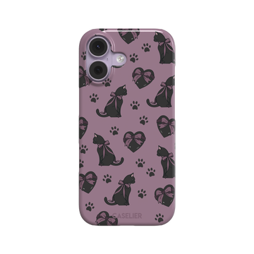Black Cat coquette phone case in dusty mauve with black cat silhouettes in pink bows, heart gift boxes and paw prints — snap case, front view