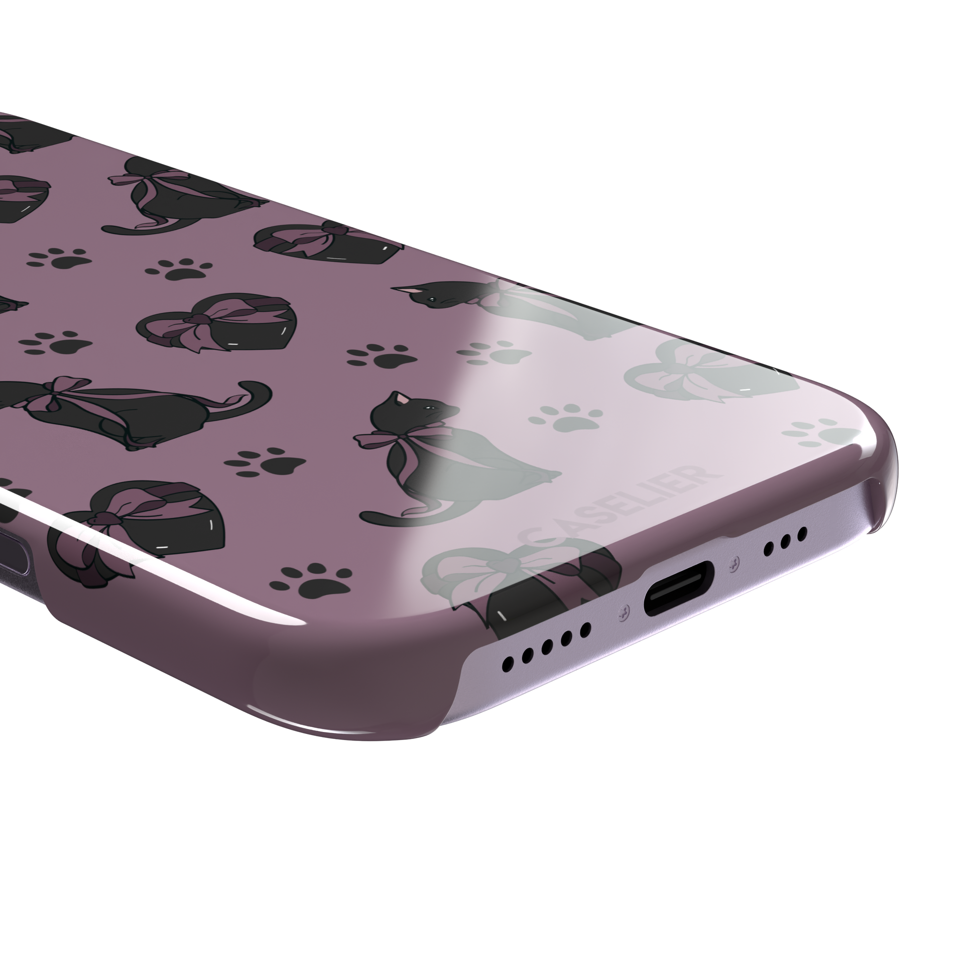 Black Cat coquette phone case in dusty mauve with black cat silhouettes in pink bows, heart gift boxes and paw prints — snap case, charging port detail