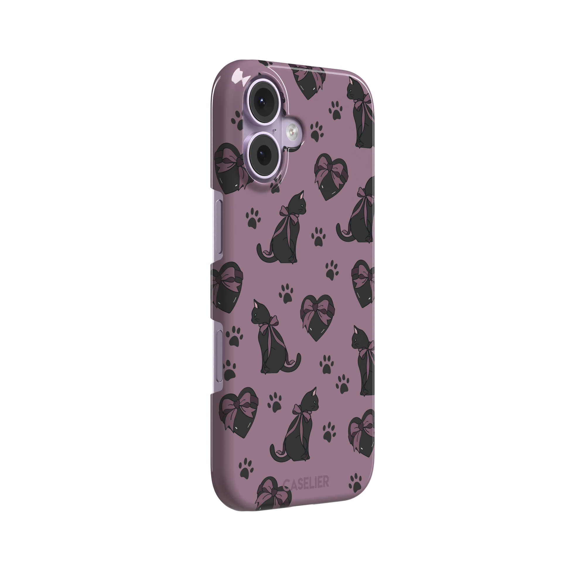 Black Cat coquette phone case in dusty mauve with black cat silhouettes in pink bows, heart gift boxes and paw prints — snap case, left view