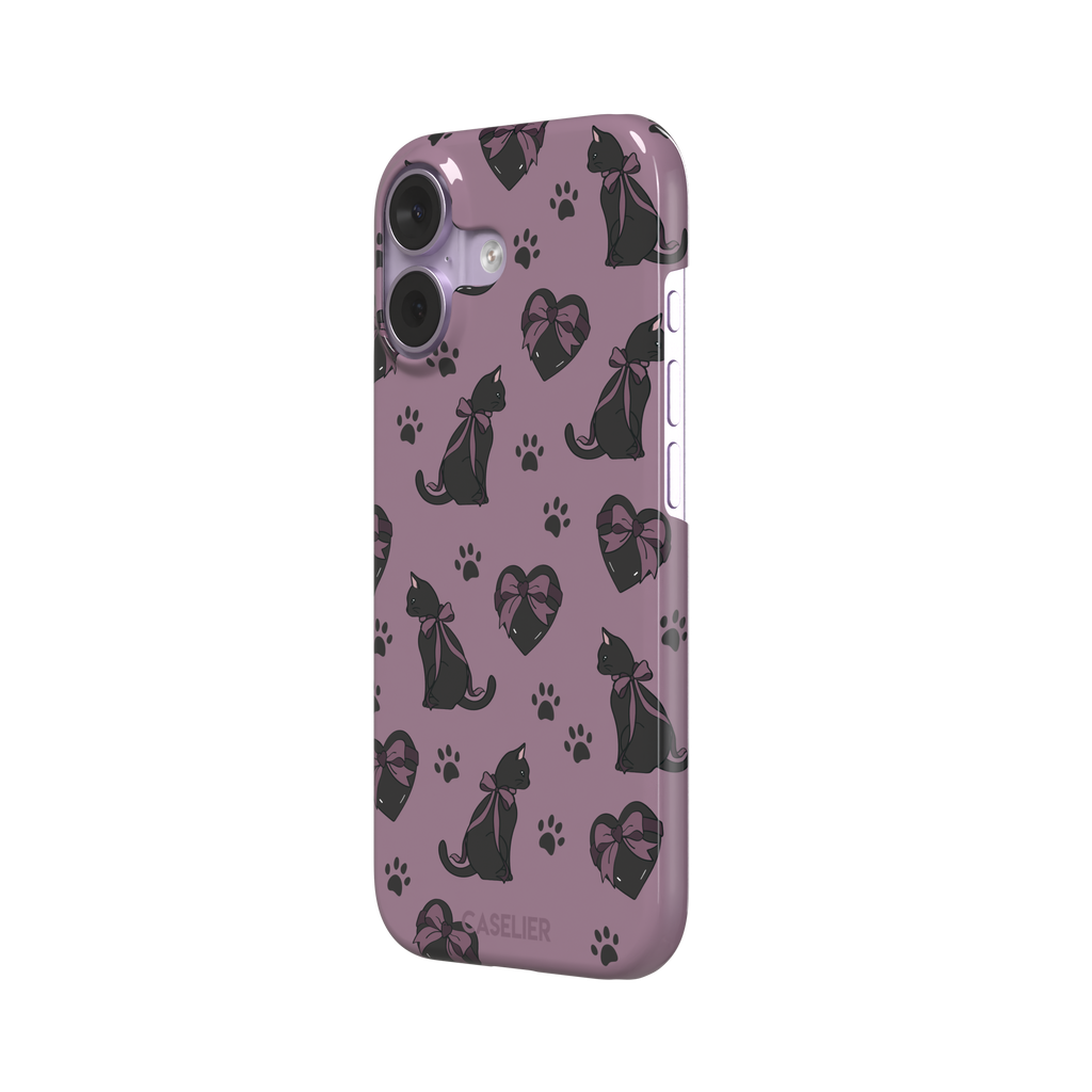 Black Cat coquette phone case in dusty mauve with black cat silhouettes in pink bows, heart gift boxes and paw prints — snap case, right view