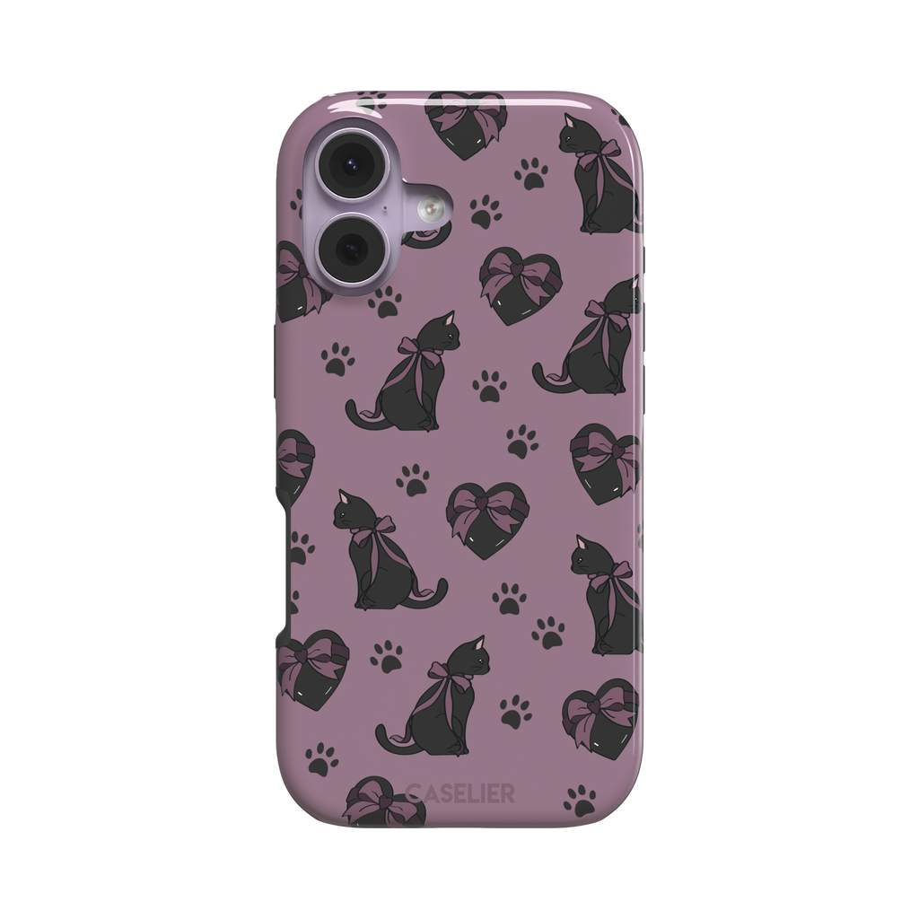 Black Cat coquette phone case in dusty mauve with black cat silhouettes in pink bows, heart gift boxes and paw prints — tough case, front view