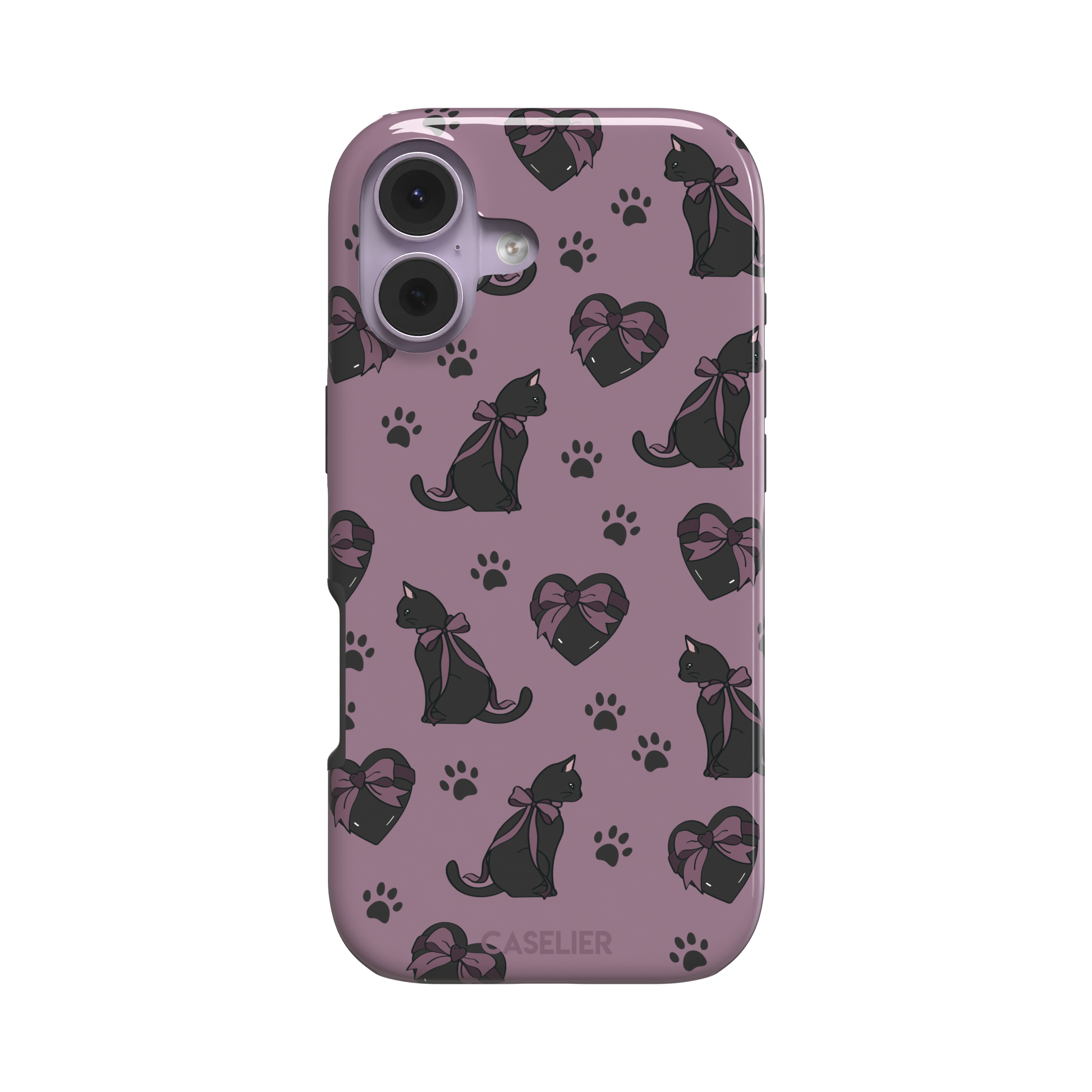 Black Cat coquette phone case in dusty mauve with black cat silhouettes in pink bows, heart gift boxes and paw prints — tough case, front view
