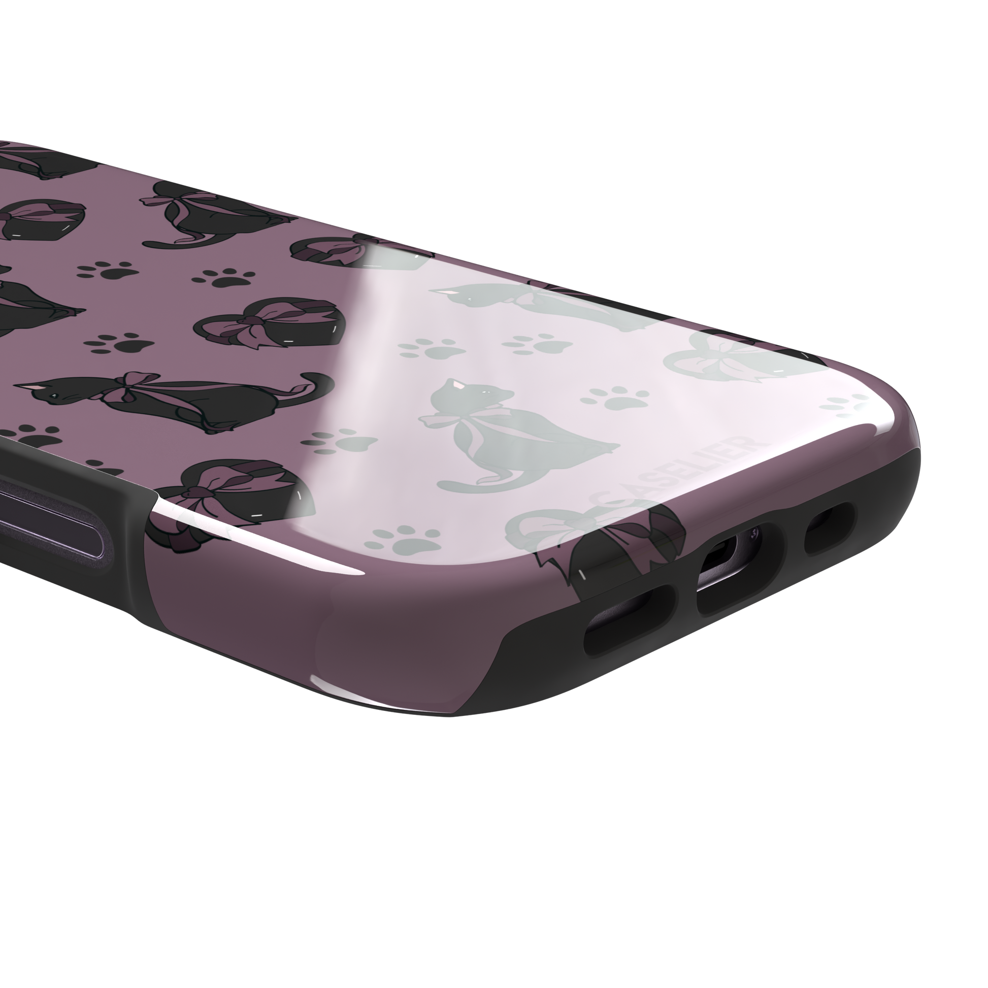 Black Cat coquette phone case in dusty mauve with black cat silhouettes in pink bows, heart gift boxes and paw prints — tough case, charging port detail