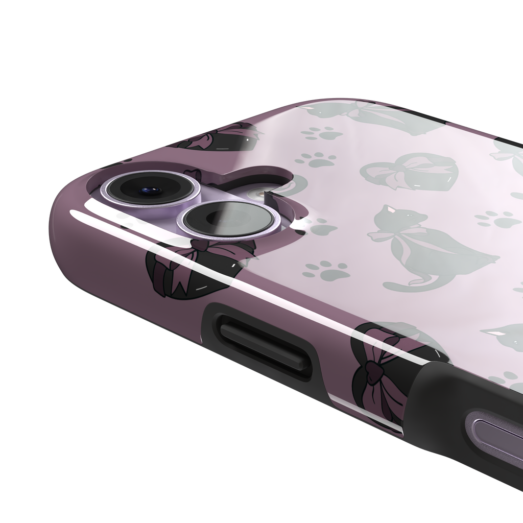 Black Cat coquette phone case in dusty mauve with black cat silhouettes in pink bows, heart gift boxes and paw prints — tough case, volume buttons detail