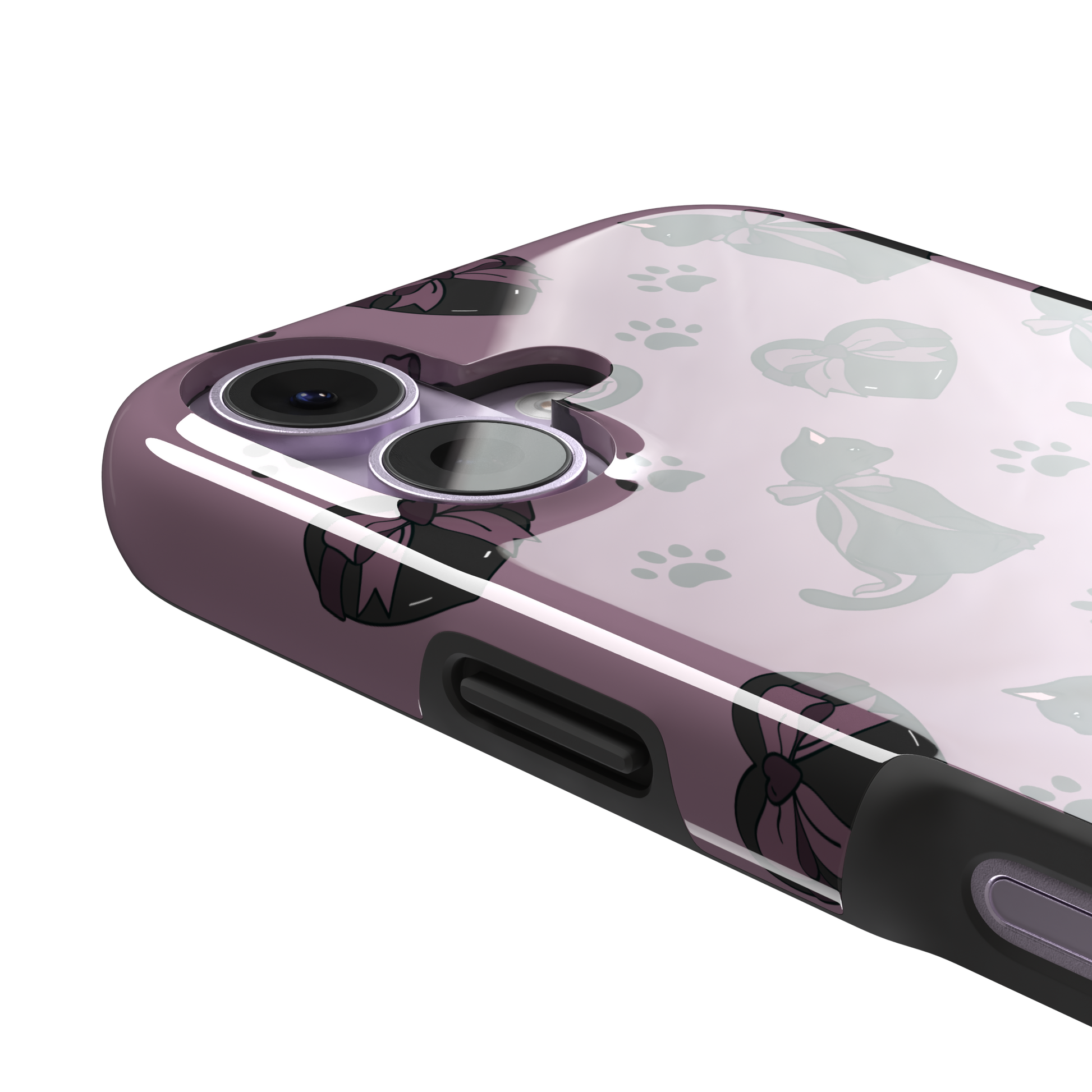 Black Cat coquette phone case in dusty mauve with black cat silhouettes in pink bows, heart gift boxes and paw prints — tough case, volume buttons detail
