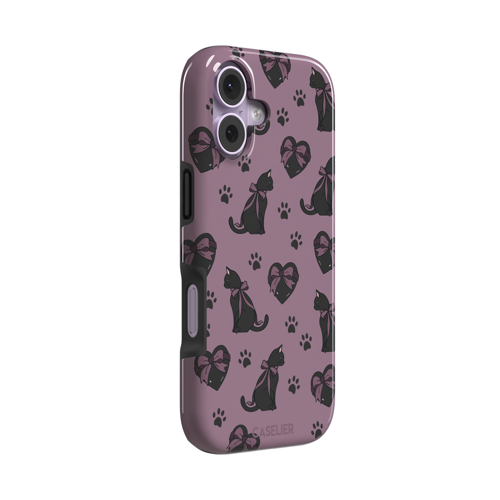 Black Cat coquette phone case in dusty mauve with black cat silhouettes in pink bows, heart gift boxes and paw prints — tough case, left view