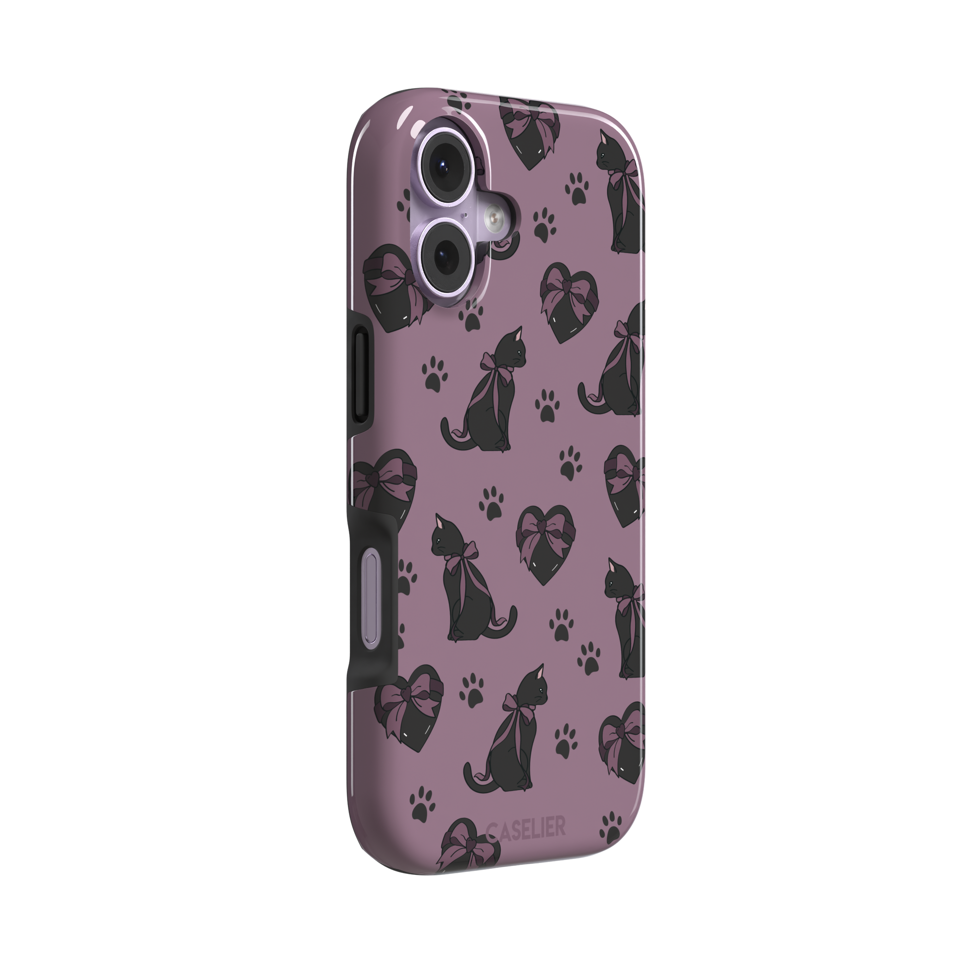 Black Cat coquette phone case in dusty mauve with black cat silhouettes in pink bows, heart gift boxes and paw prints — tough case, left view