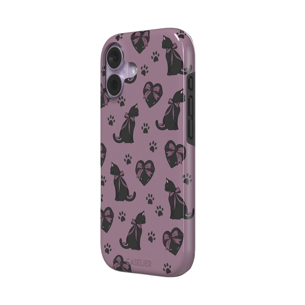 Black Cat coquette phone case in dusty mauve with black cat silhouettes in pink bows, heart gift boxes and paw prints — tough case, right view
