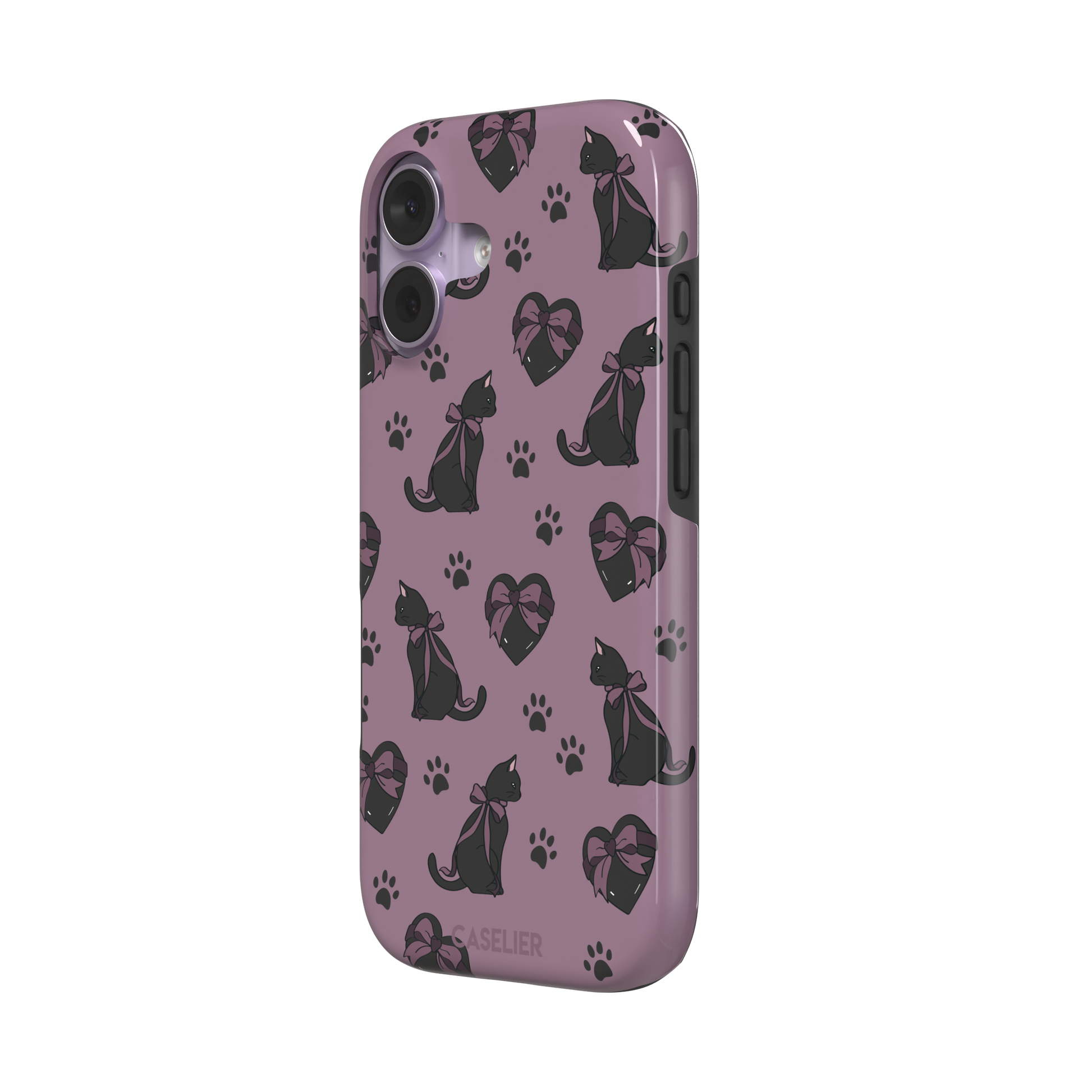 Black Cat coquette phone case in dusty mauve with black cat silhouettes in pink bows, heart gift boxes and paw prints — tough case, right view