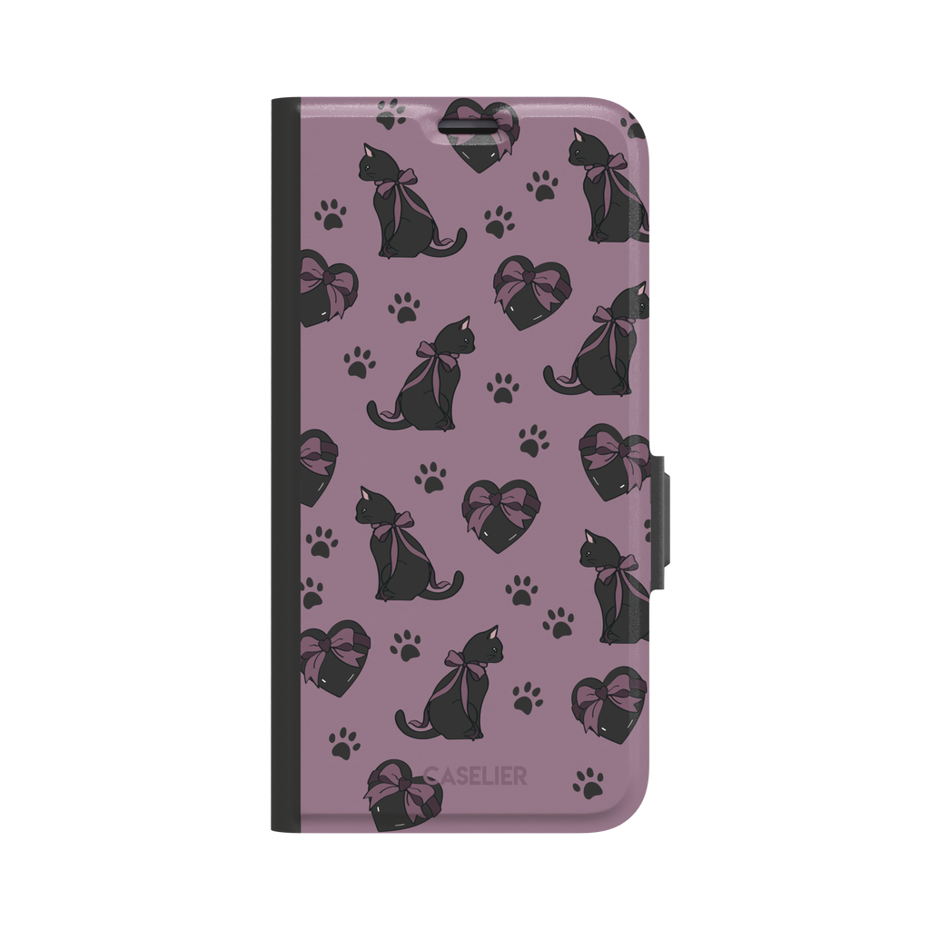Black Cat coquette phone case in dusty mauve with black cat silhouettes in pink bows, heart gift boxes and paw prints — wallet case, front view
