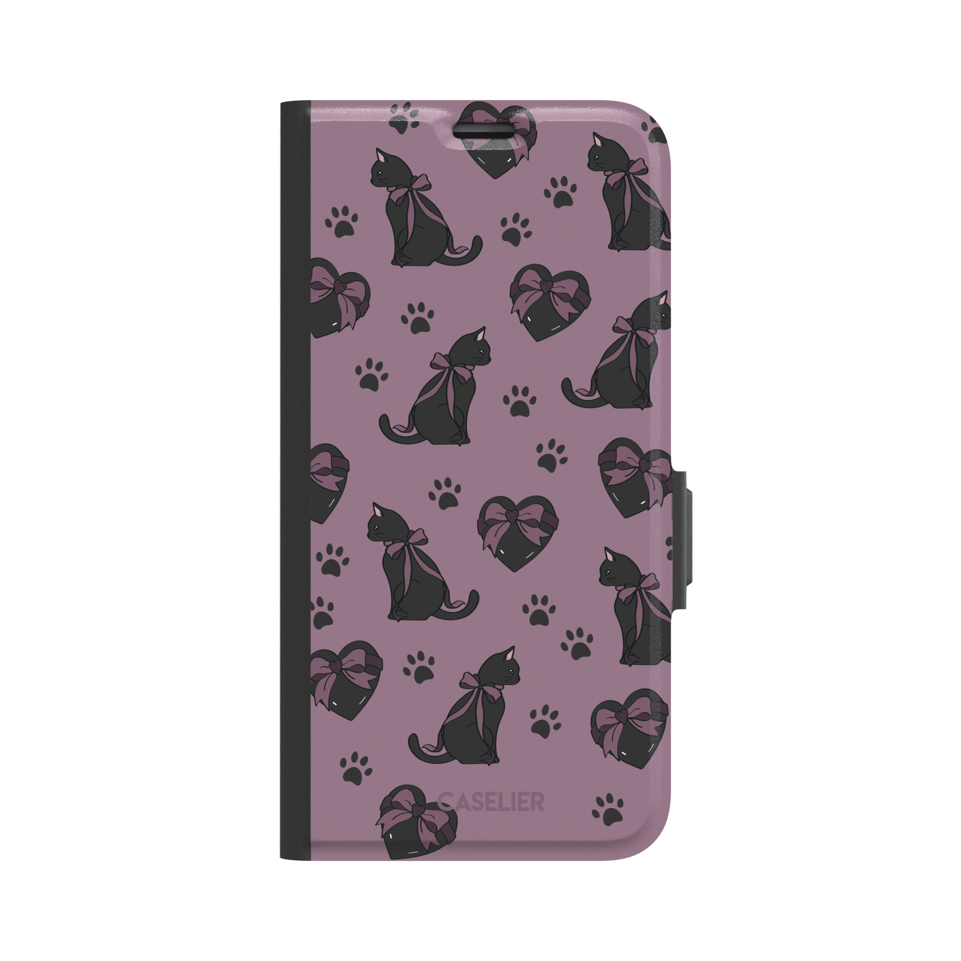 Black Cat coquette phone case in dusty mauve with black cat silhouettes in pink bows, heart gift boxes and paw prints — wallet case, front view