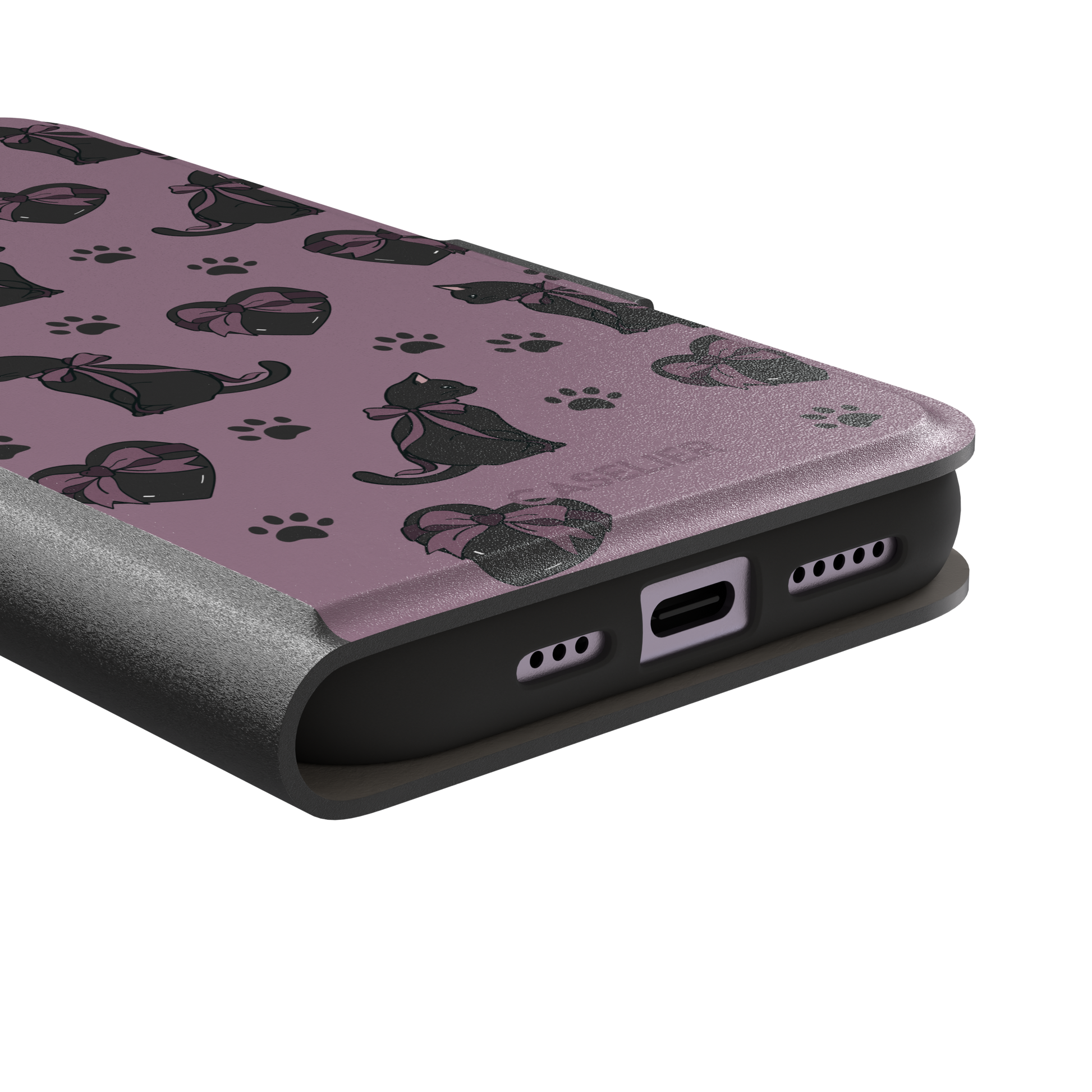 Black Cat coquette phone case in dusty mauve with black cat silhouettes in pink bows, heart gift boxes and paw prints — wallet case, charging port detail
